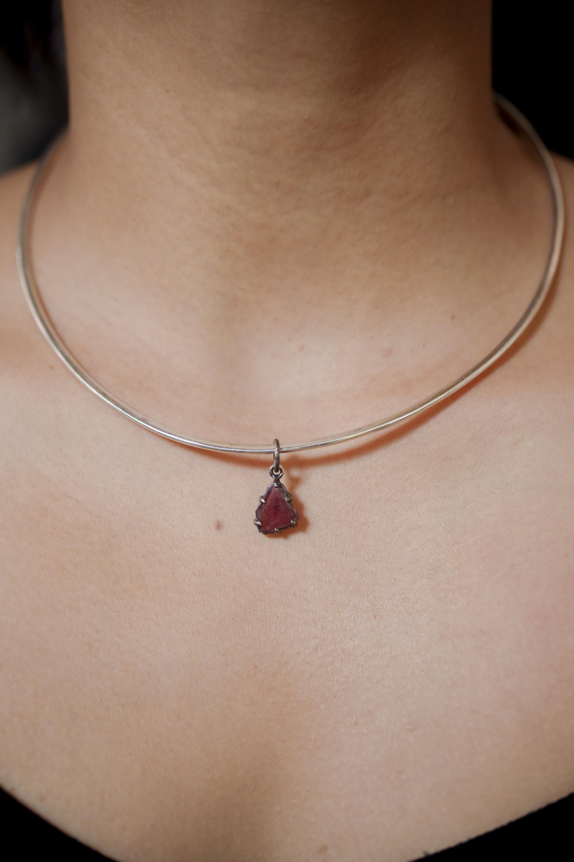 Polished Slice of High-Grade Natural Pink Tourmaline Wand with Darker Rind Pendant Sterling Silver Claw Setting Oxidized Finish