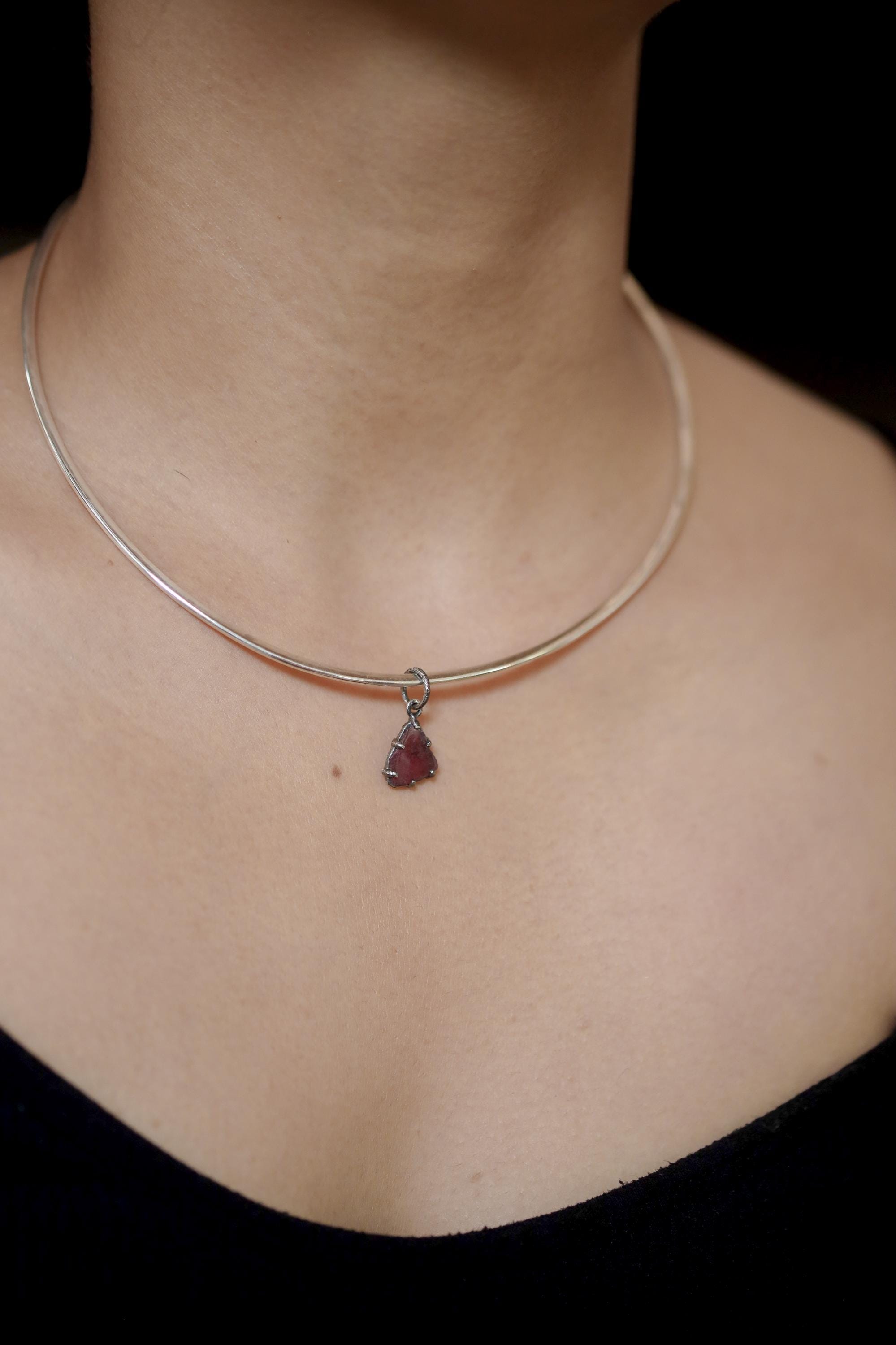 Polished Slice of High-Grade Natural Pink Tourmaline Wand with Darker Rind Pendant Sterling Silver Claw Setting Oxidized Finish