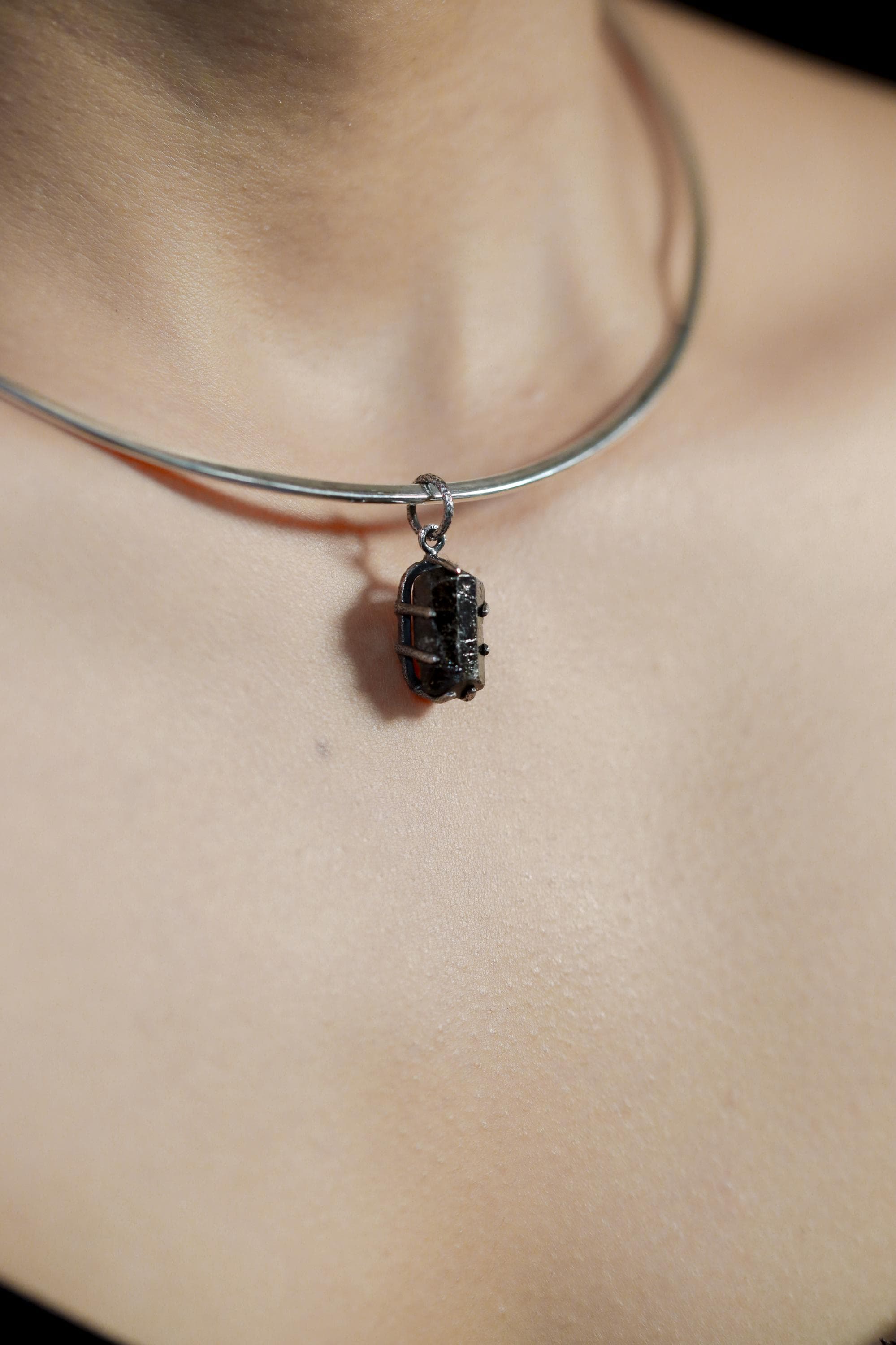Raw Black Tourmaline Pendant, Oxidized Sterling Silver Claw Setting