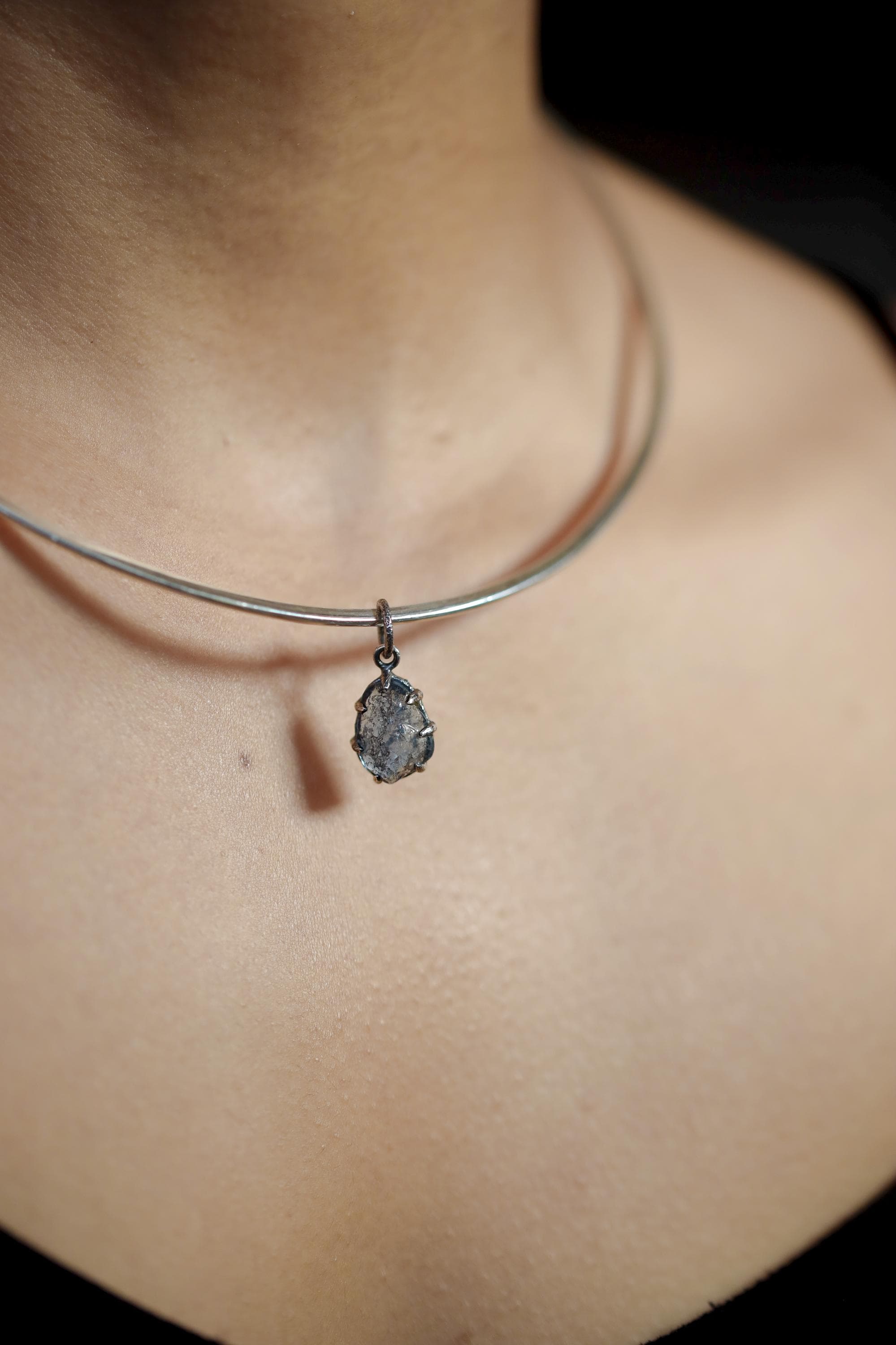 Dark Blue Aquamarine Pendant, Natural Gem Facet Grade Chunk, Sterling Silver Claw Setting, Hammered Oxidized Finish, Throat Chakra Jewelry