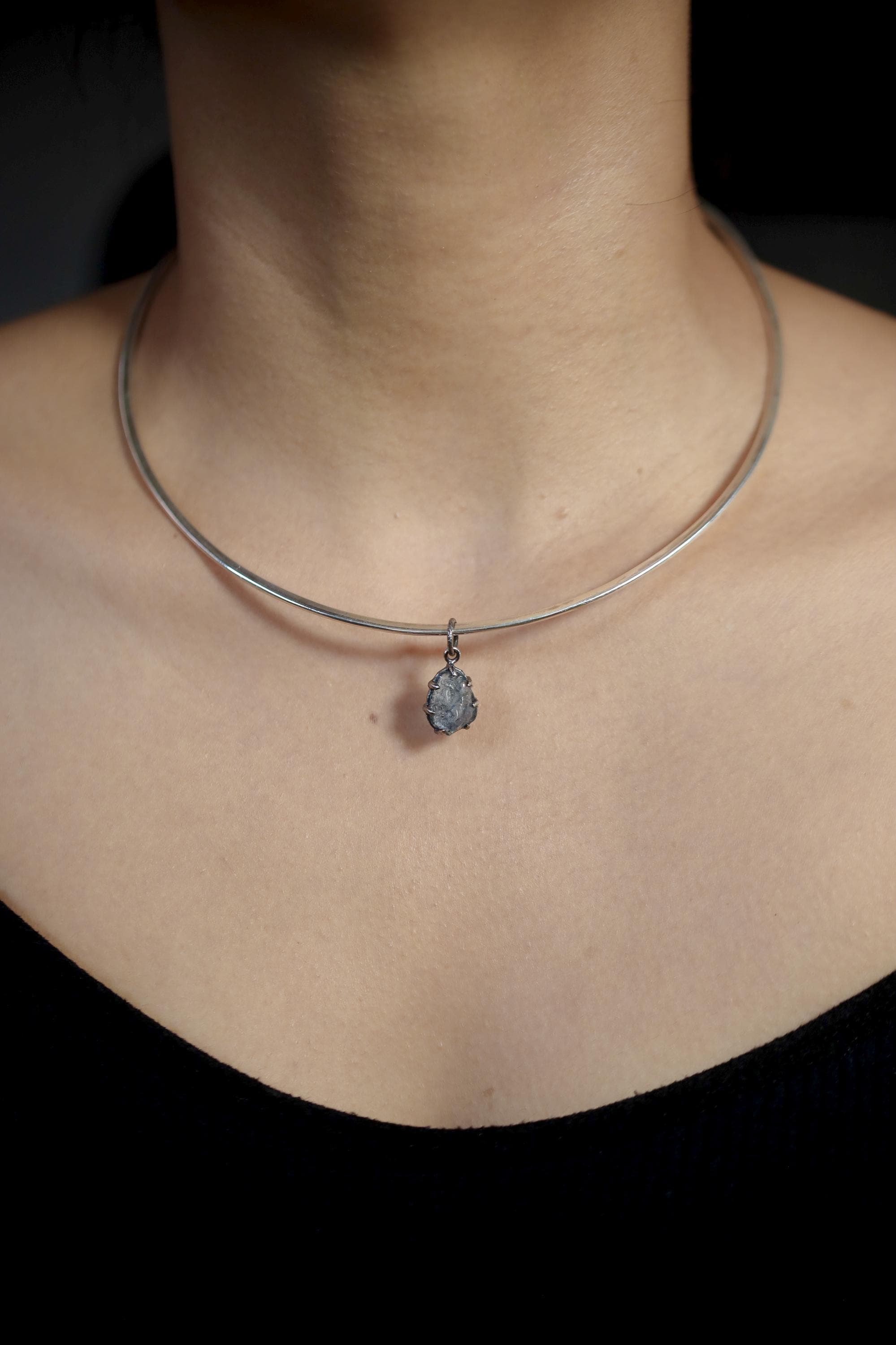 Dark Blue Aquamarine Pendant, Natural Gem Facet Grade Chunk, Sterling Silver Claw Setting, Hammered Oxidized Finish, Throat Chakra Jewelry