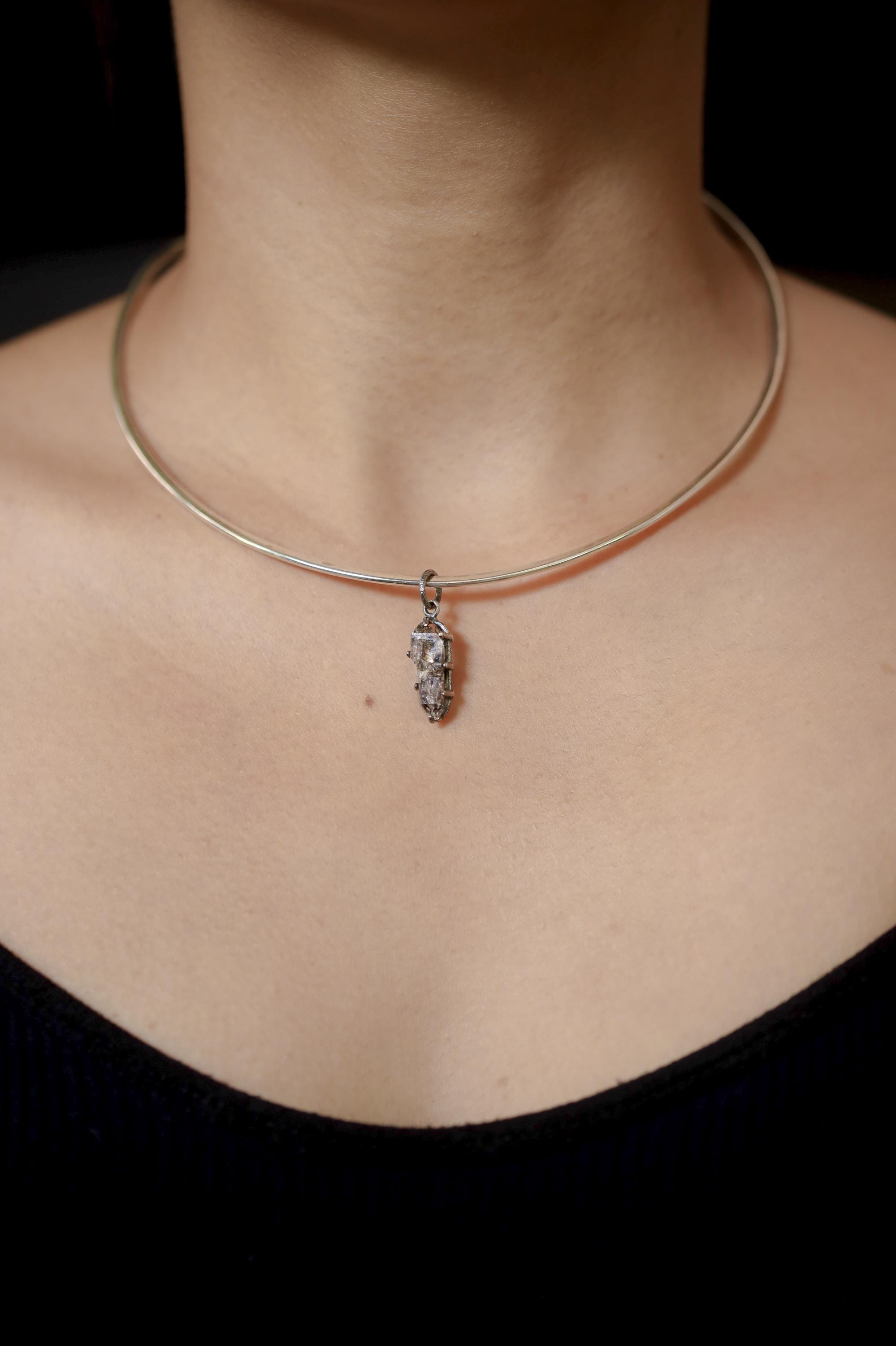 Tibetan Double Terminated Anhydro Carbon Inclusion Quartz Specimen Pendant, Raw Crystal, Sterling Silver Claw Setting, Oxidized Finish