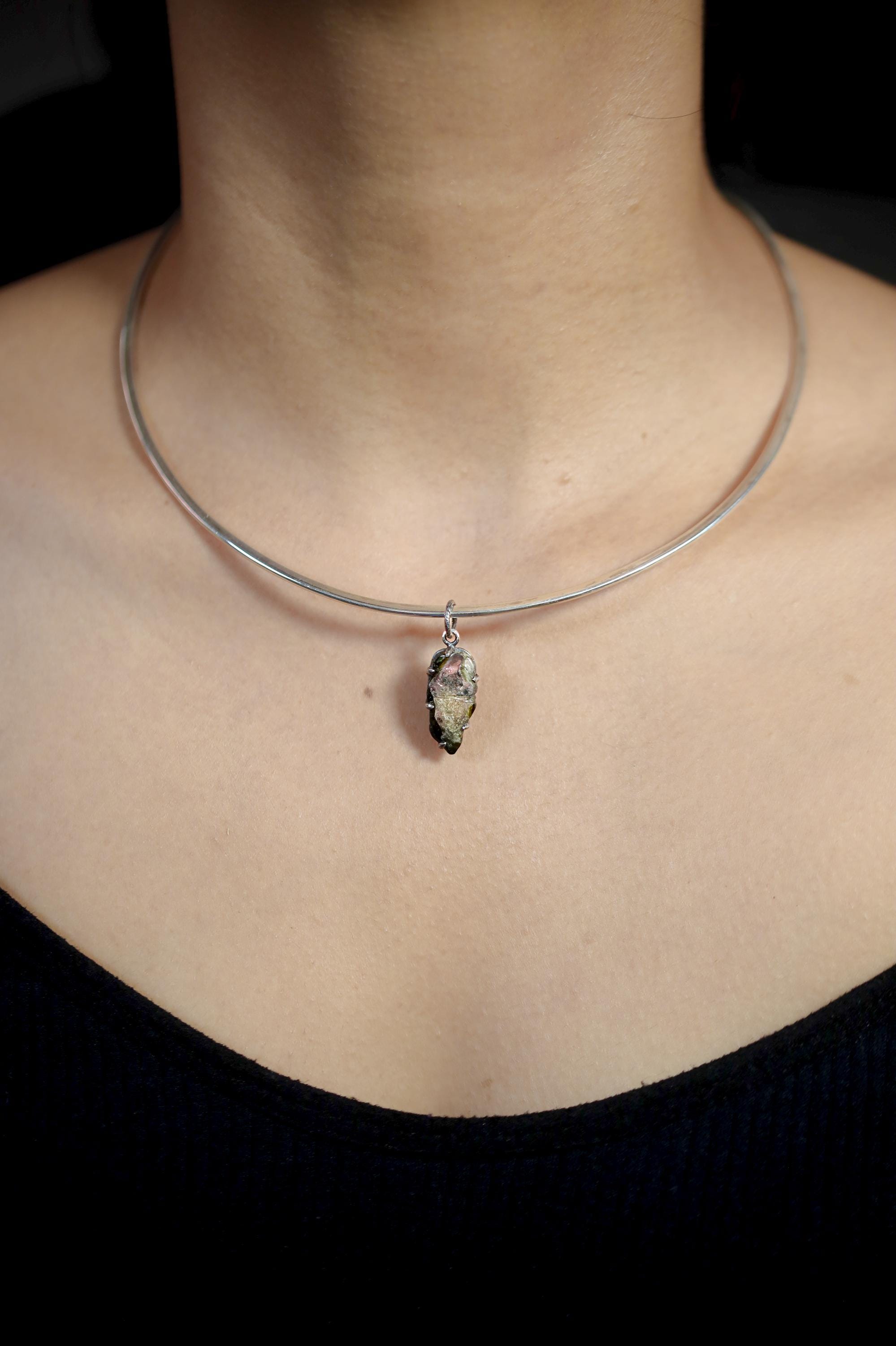 Polished Slice of Natural Watermelon Tourmaline Wand with Darker Rind Pendant, 925 Silver, Oxidized, Heart Chakra Crystal Jewelry Gift