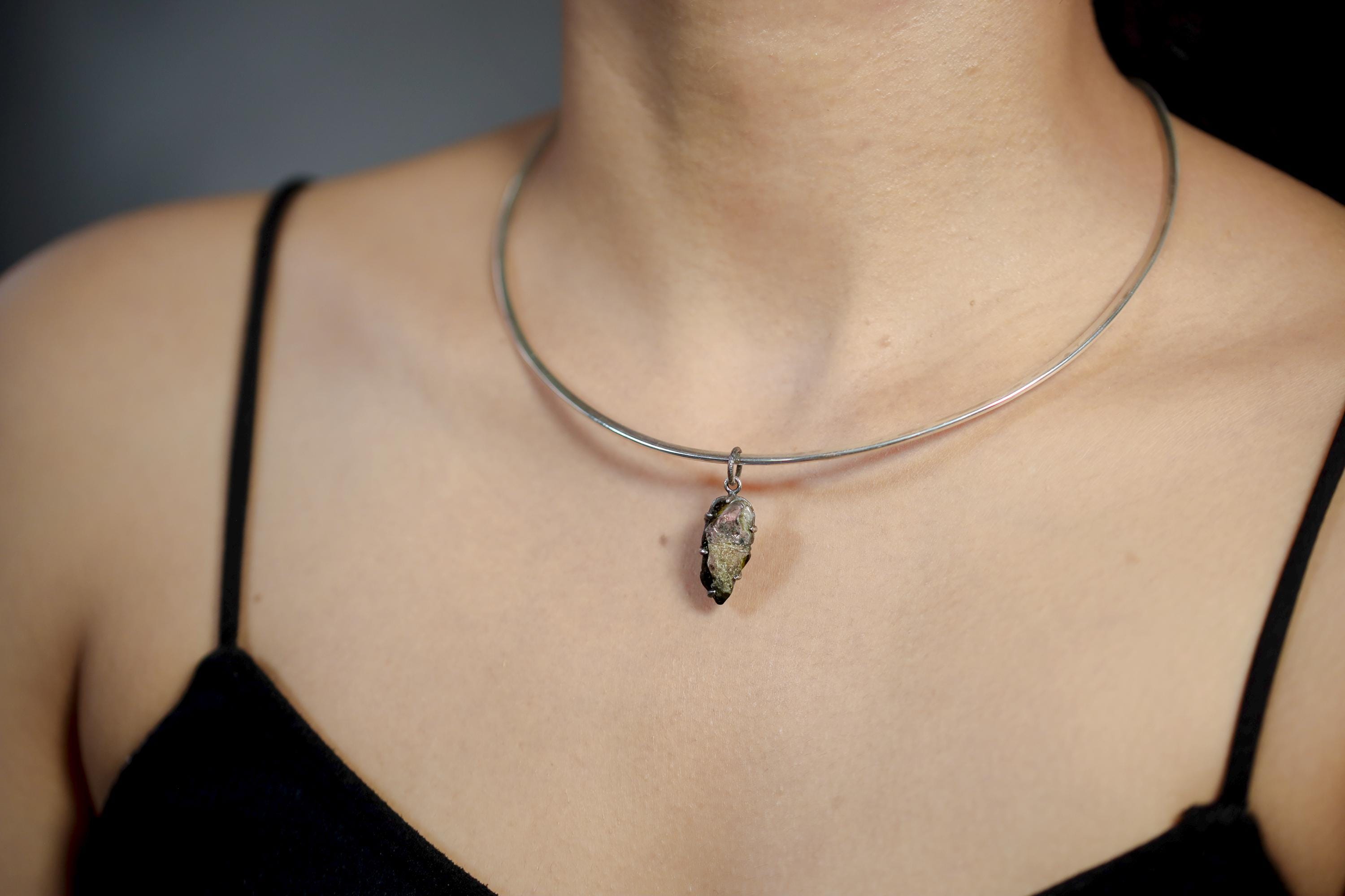 Polished Slice of Natural Watermelon Tourmaline Wand with Darker Rind Pendant, 925 Silver, Oxidized, Heart Chakra Crystal Jewelry Gift