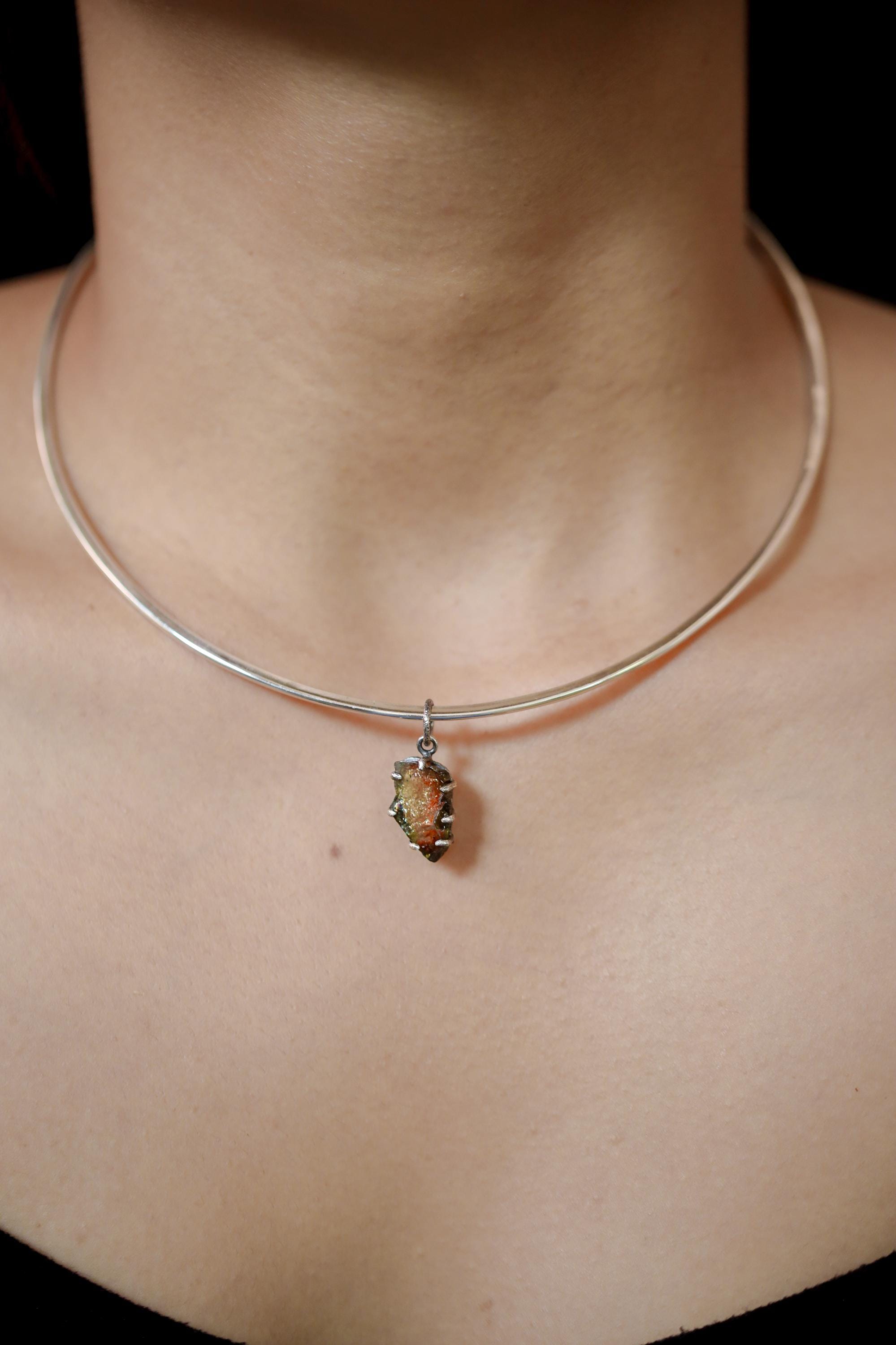 Polished Slice of Natural Watermelon Tourmaline Wand with Darker Rind Pendant, 925 Sterling Silver, Hammer Textured Oxidized, Claw Setting