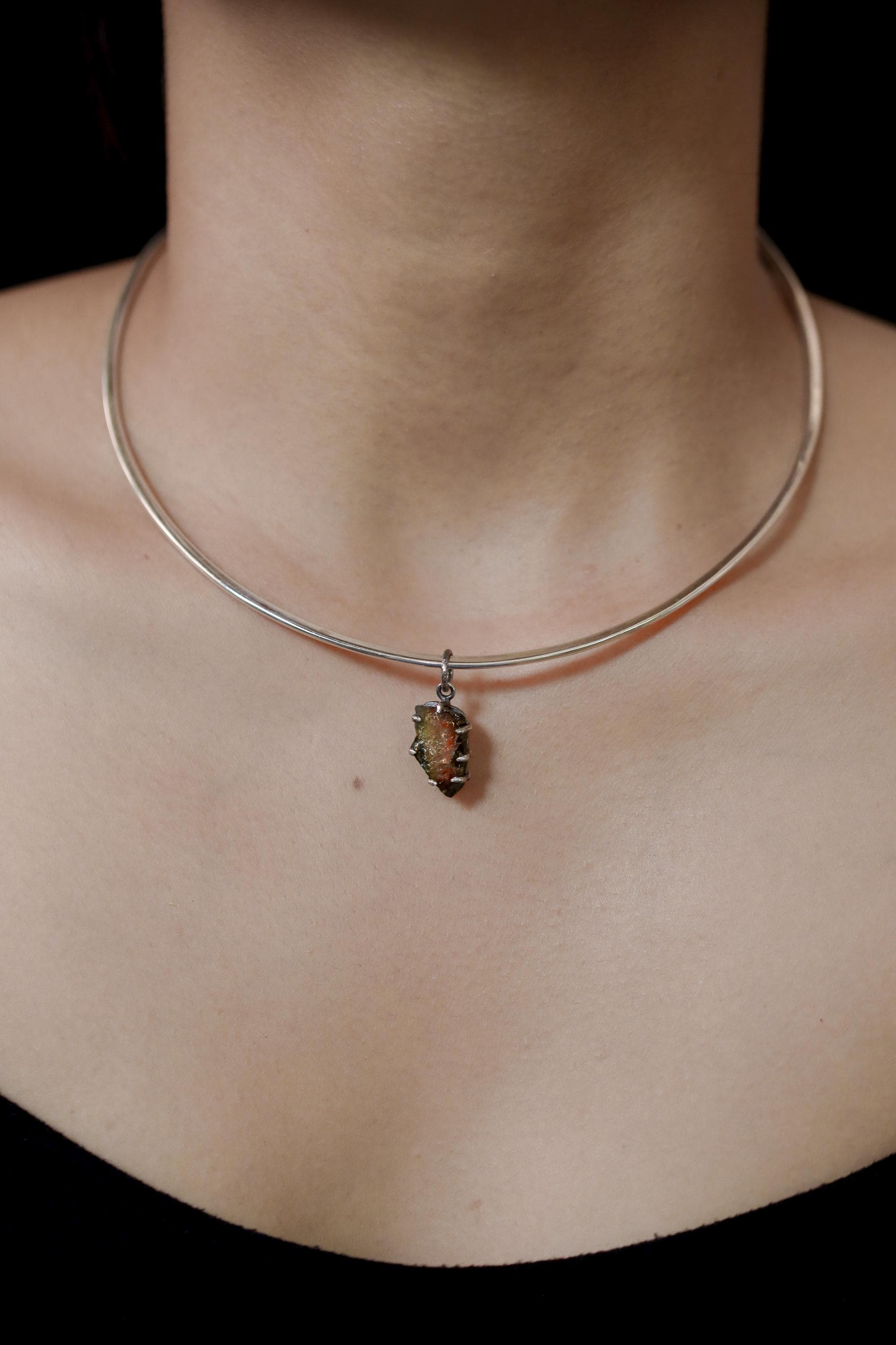 Polished Slice of Natural Watermelon Tourmaline Wand with Darker Rind Pendant, 925 Sterling Silver, Hammer Textured Oxidized, Claw Setting