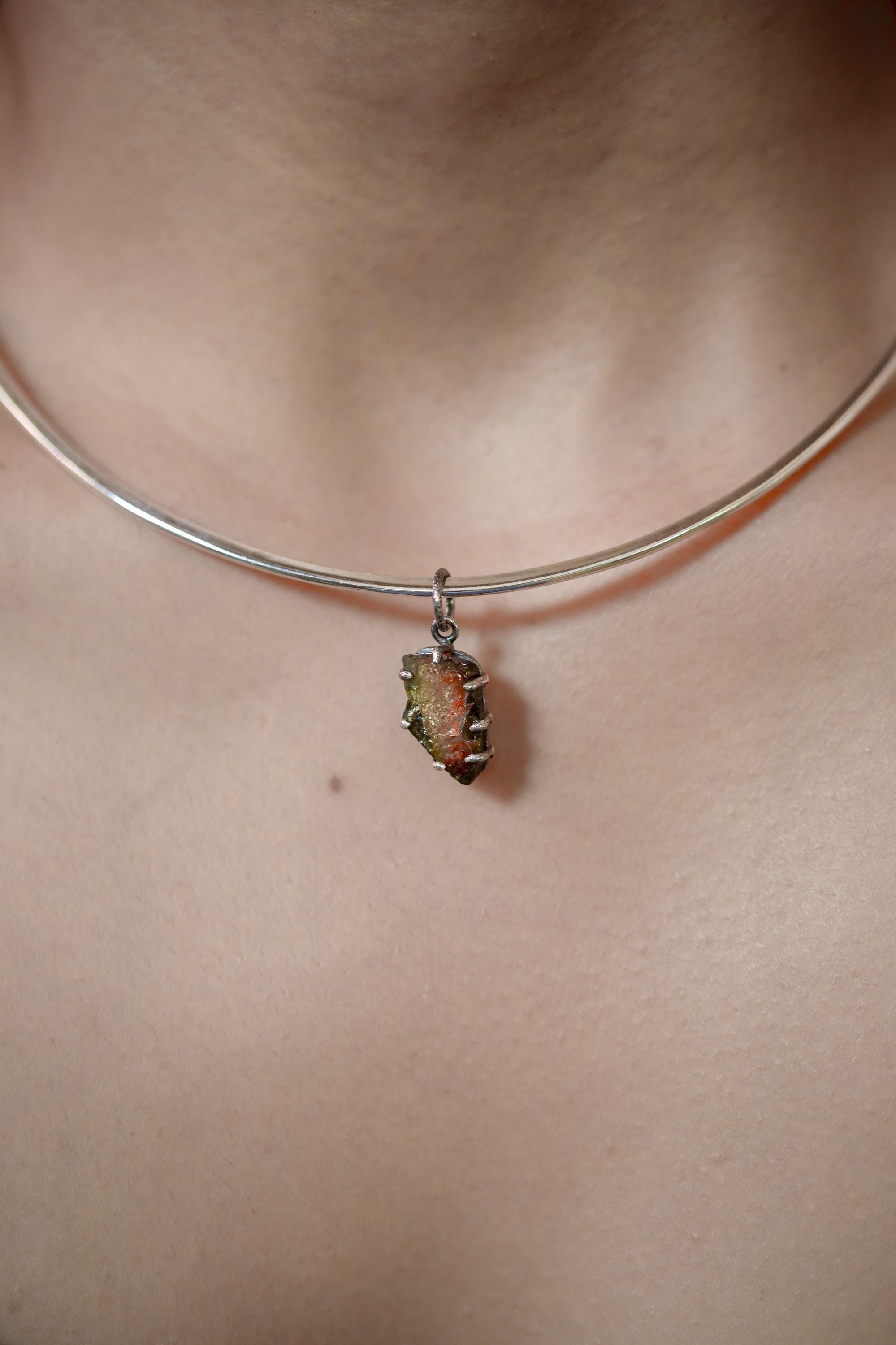 Polished Slice of Natural Watermelon Tourmaline Wand with Darker Rind Pendant, 925 Sterling Silver, Hammer Textured Oxidized, Claw Setting