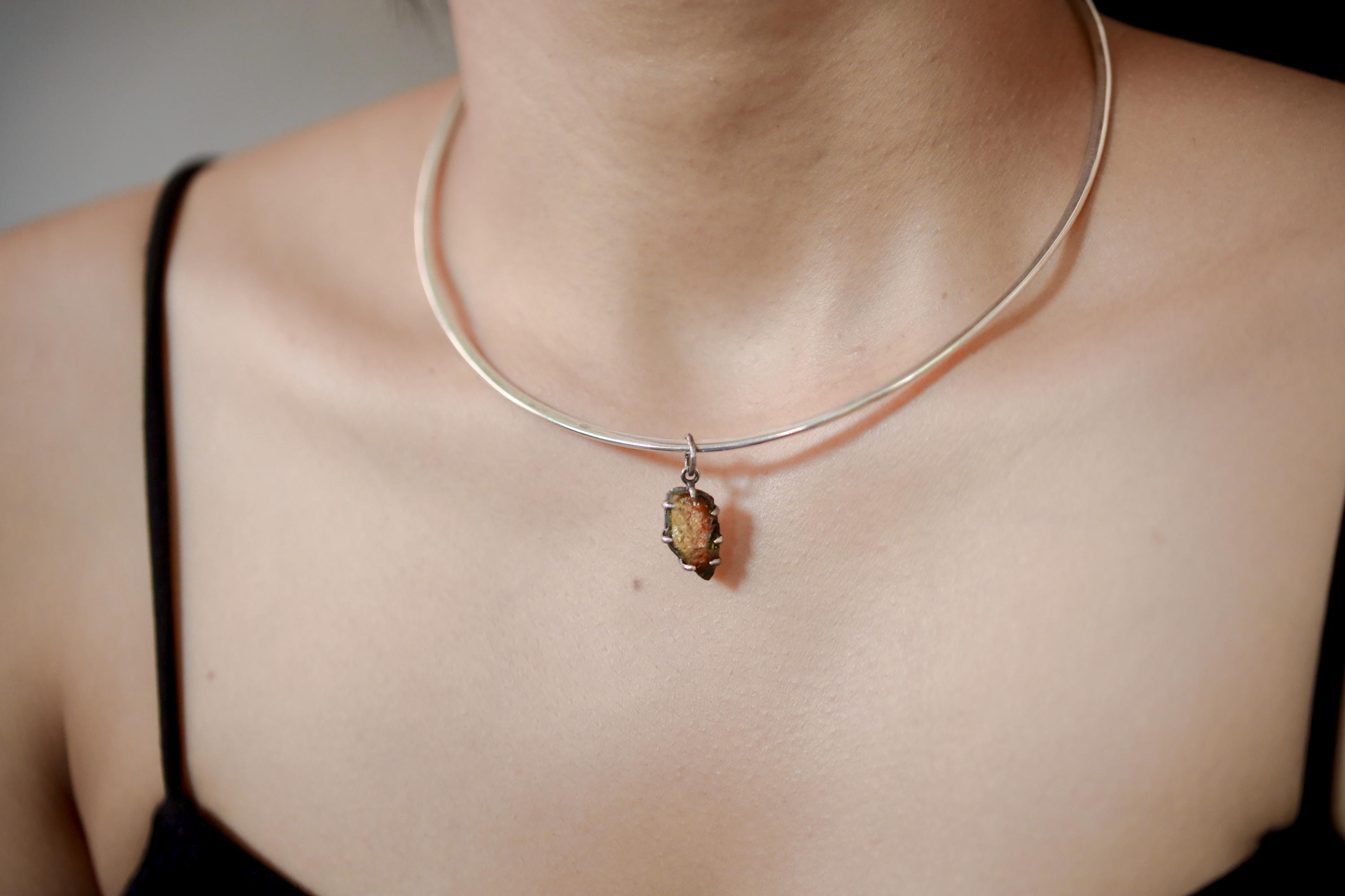 Polished Slice of Natural Watermelon Tourmaline Wand with Darker Rind Pendant, 925 Sterling Silver, Hammer Textured Oxidized, Claw Setting