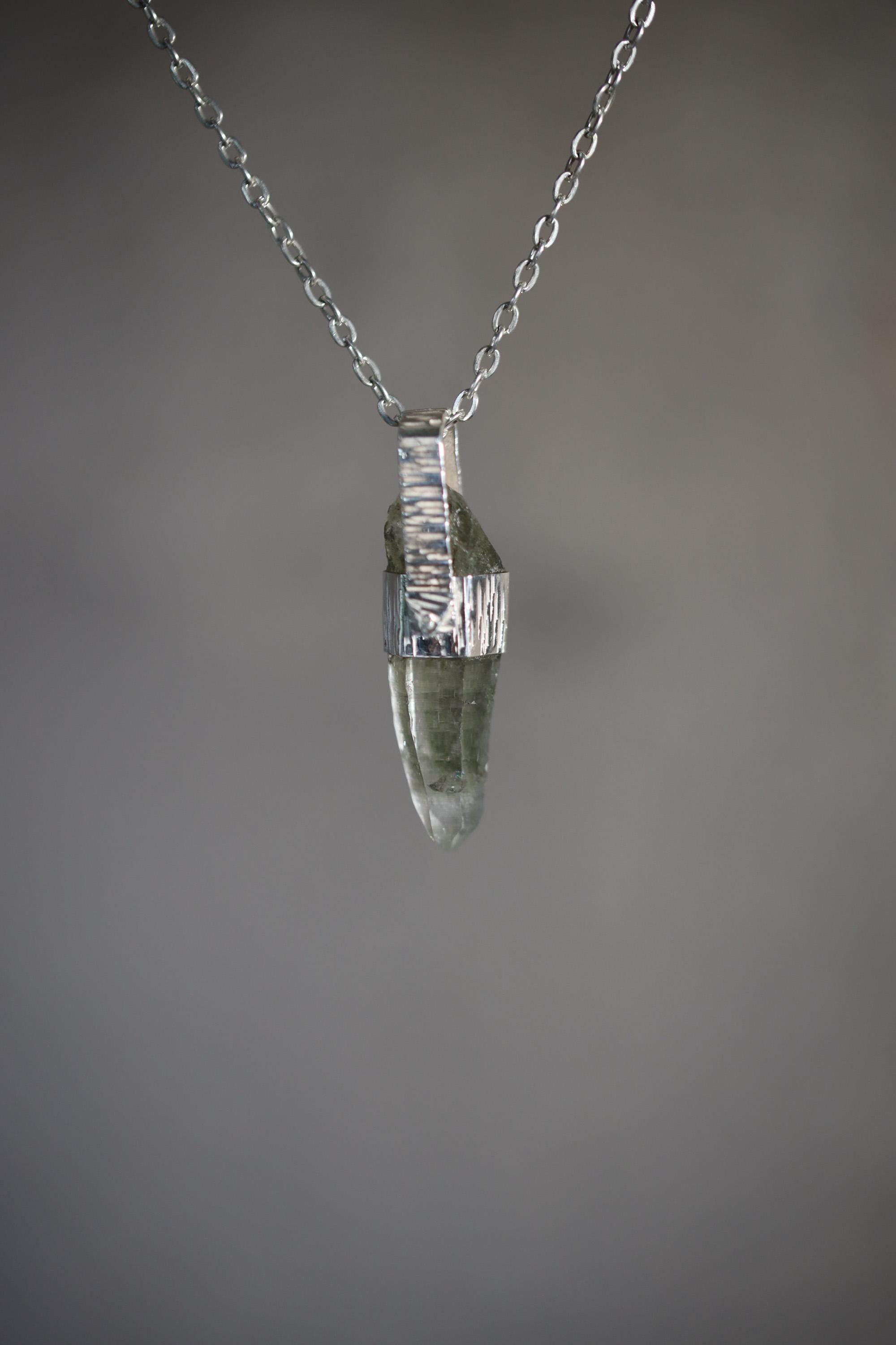 Himalayan Lemurian Laser Chlorite Quartz Point Pendant, Sterling Silver, Line Hammered Texture, High Shine Finish, Healing Jewelry