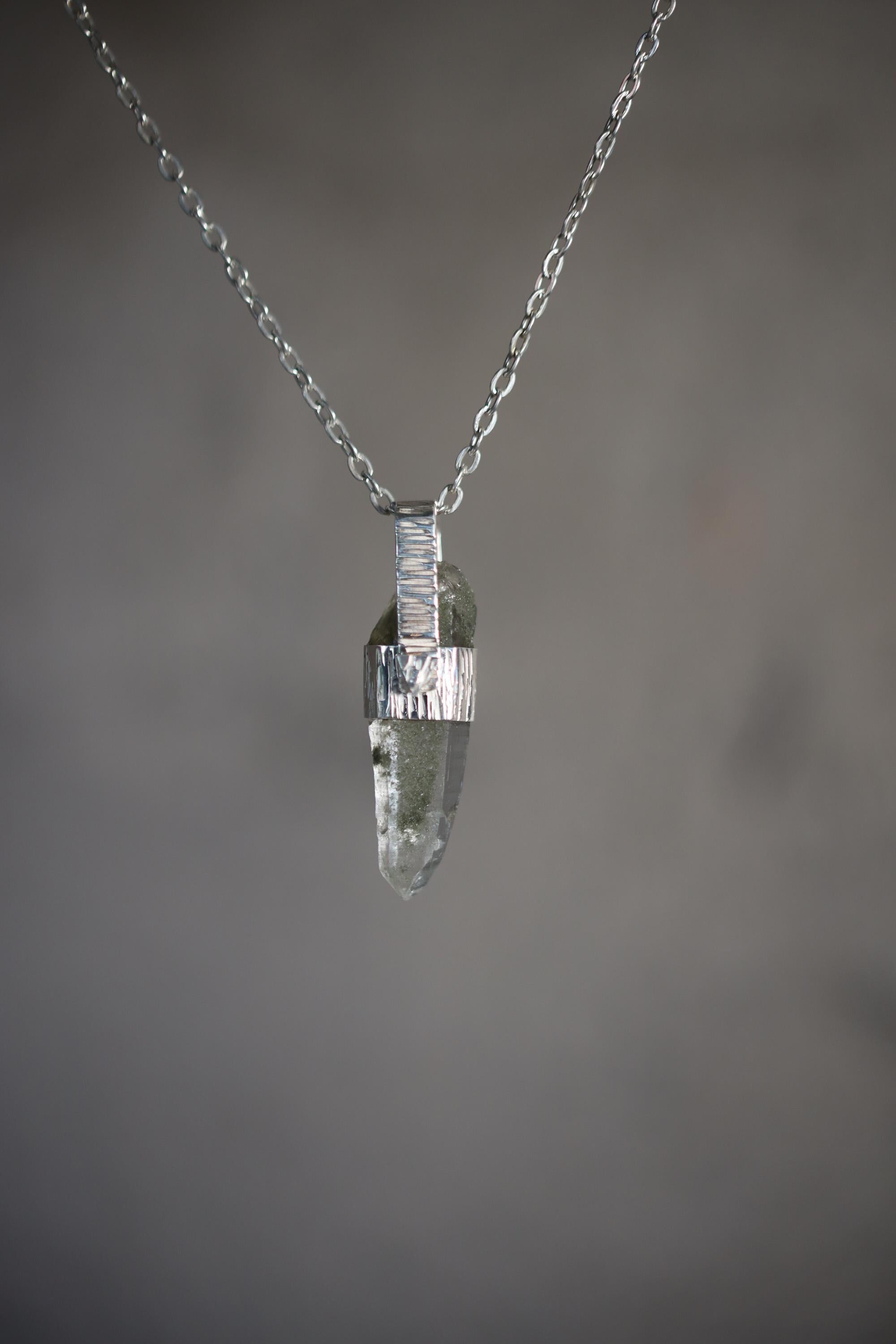 Himalayan Lemurian Quartz Pendant 925 Sterling Silver Chlorite Rutile Laser Point Crown Root Chakra Gift