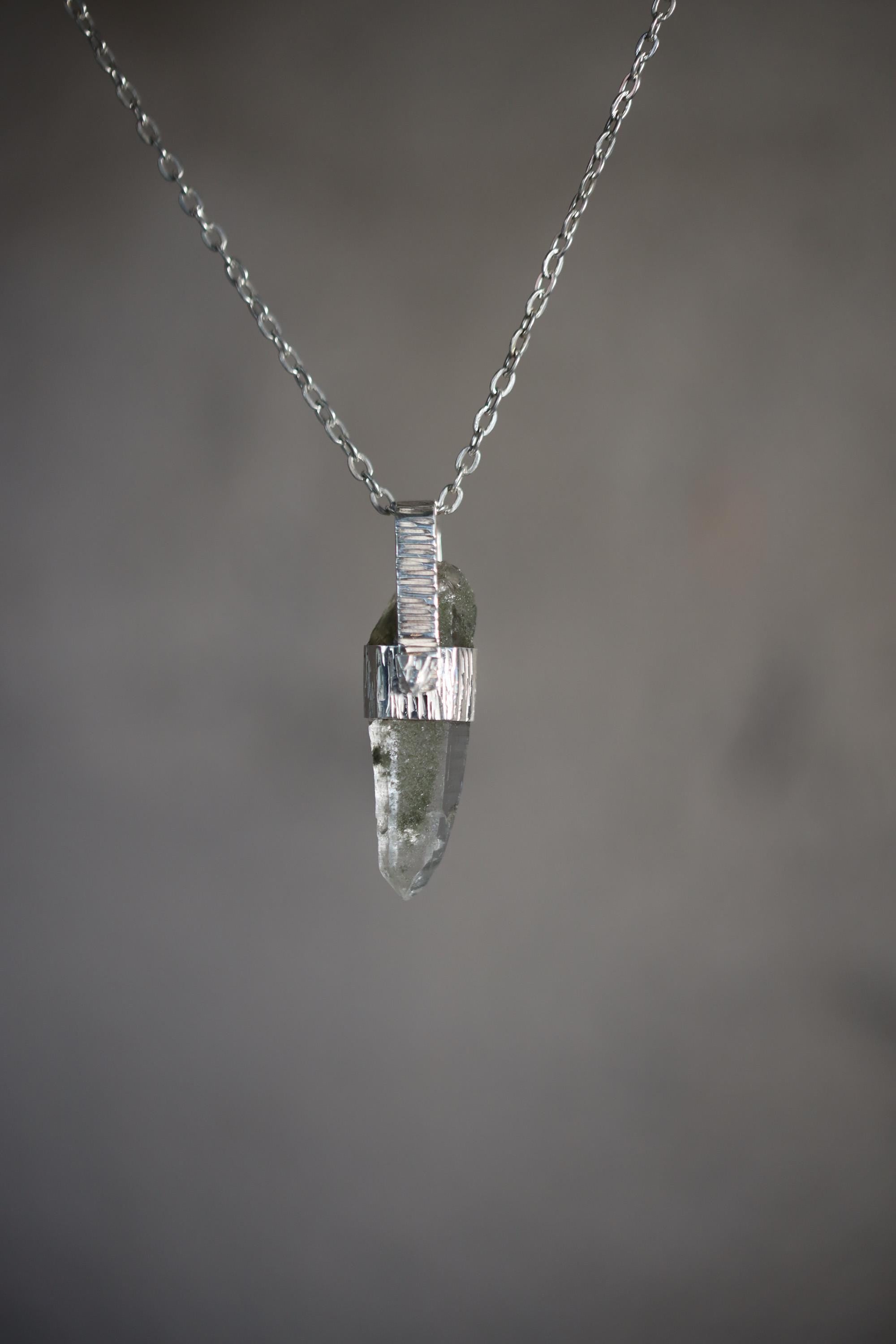 Himalayan Lemurian Laser Chlorite Quartz Point Pendant, Sterling Silver, Line Hammered Texture, High Shine Finish, Healing Jewelry