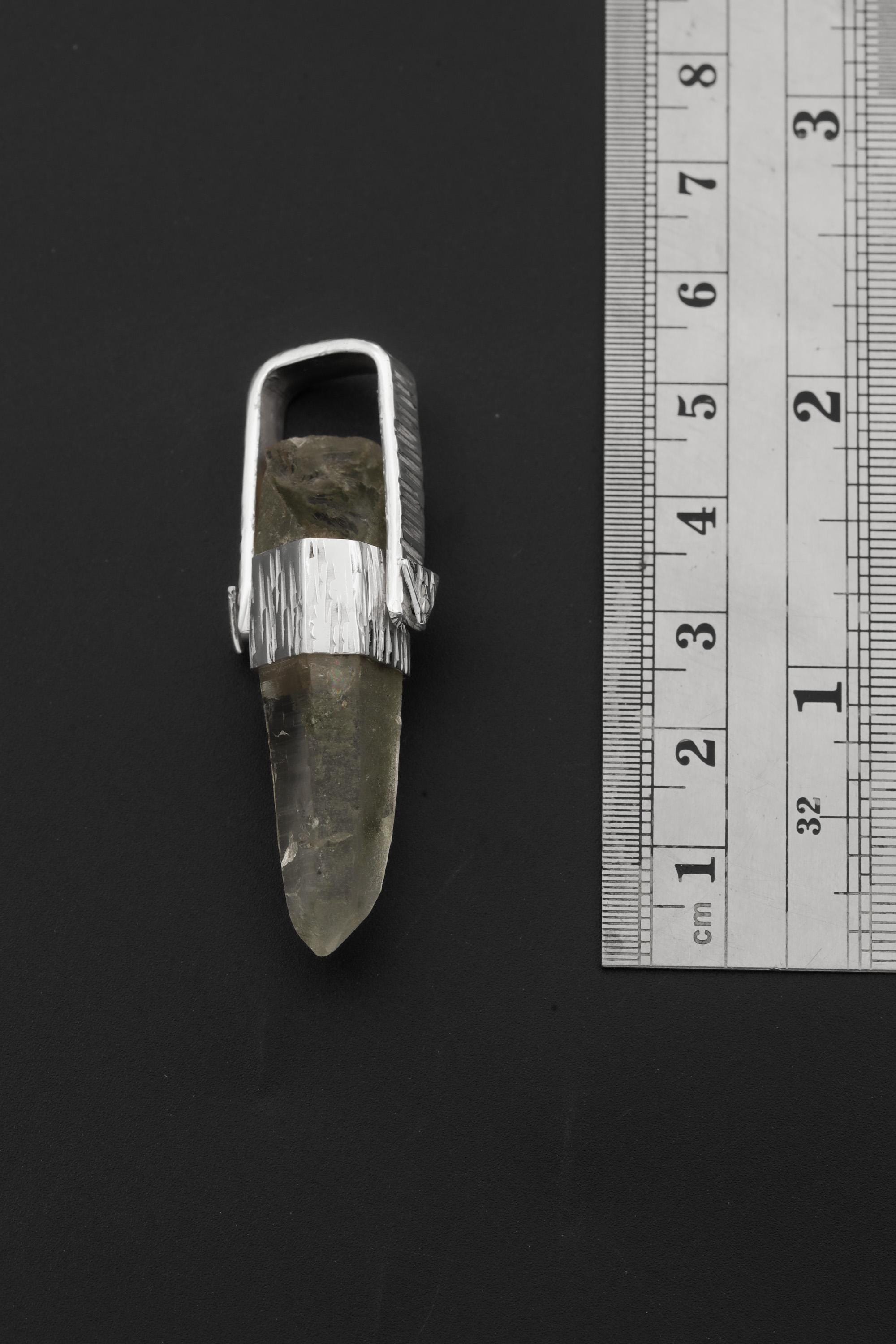 Himalayan Lemurian Laser Chlorite Quartz Point Pendant, Sterling Silver, Line Hammered Texture, High Shine Finish, Healing Jewelry