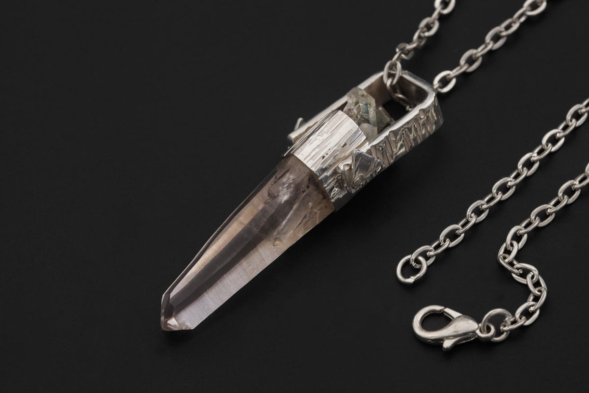Lemurian Himalayan Laser Manifestation Quarts Point Pendant, 925 Silver, High Shine Finish, Hammered Texture, Chakra Healing Crystal Jewelry