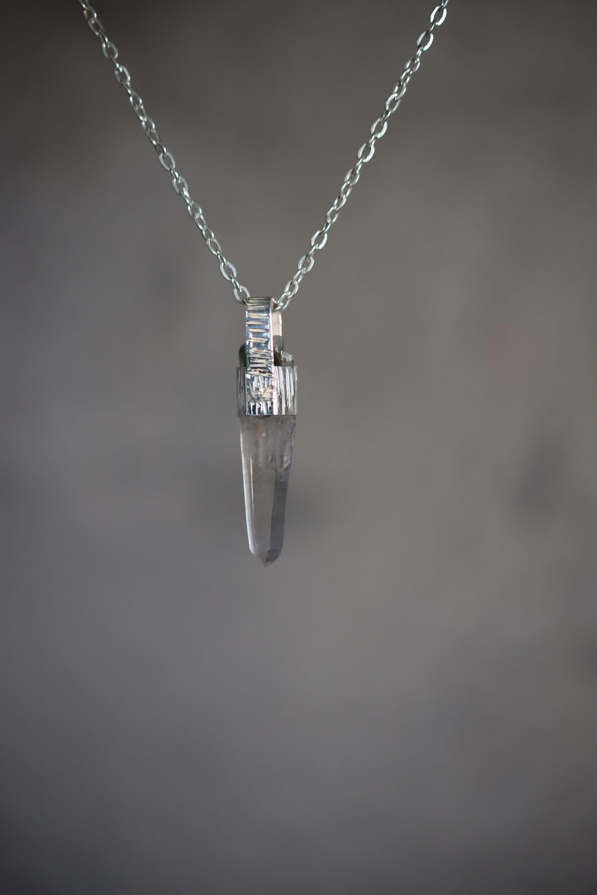 Lemurian Himalayan Laser Manifestation Quarts Point Pendant, 925 Silver, High Shine Finish, Hammered Texture, Chakra Healing Crystal Jewelry