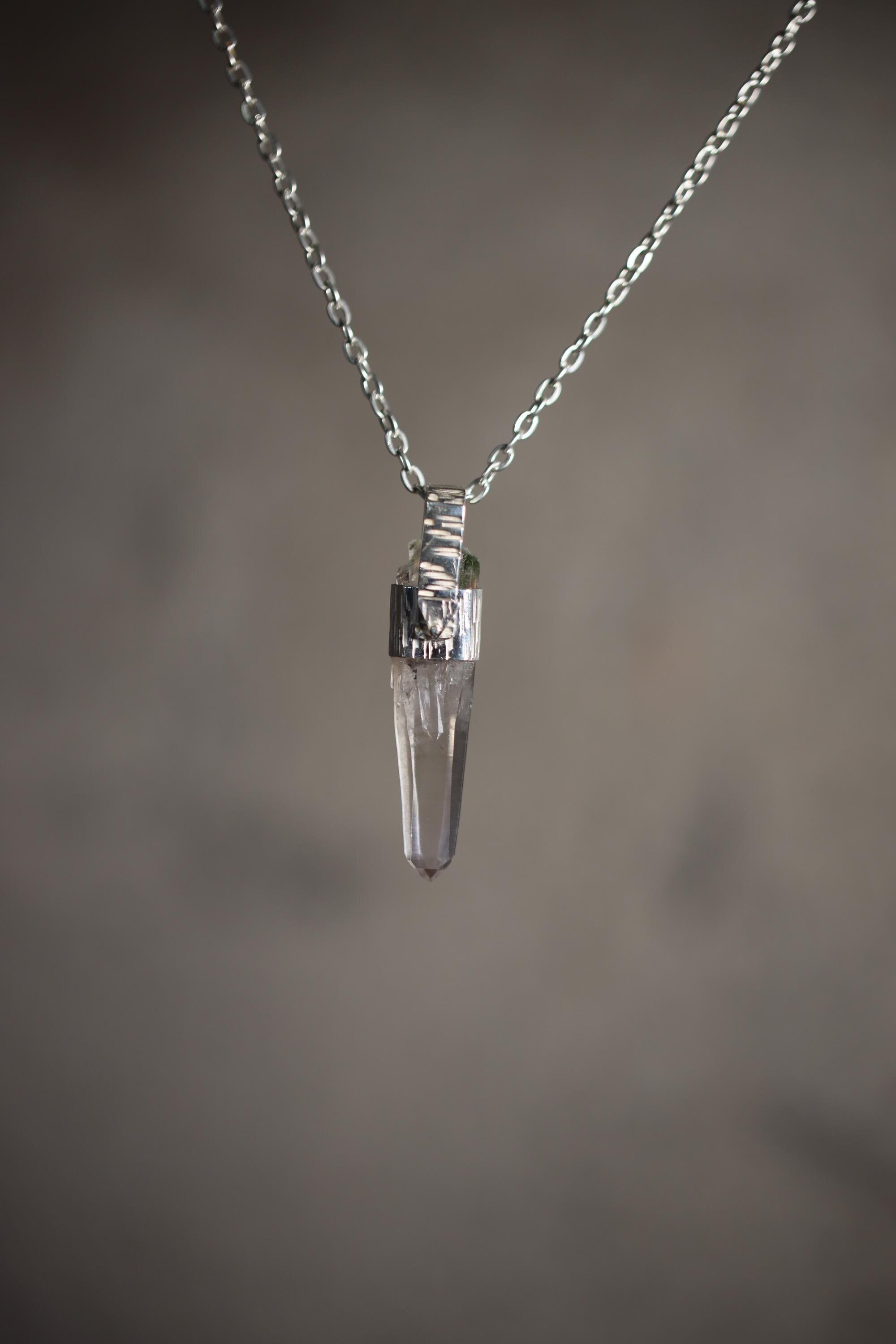 Himalayan Lemurian Quartz Point Pendant, Hammered 925 Silver, Chakra Healing