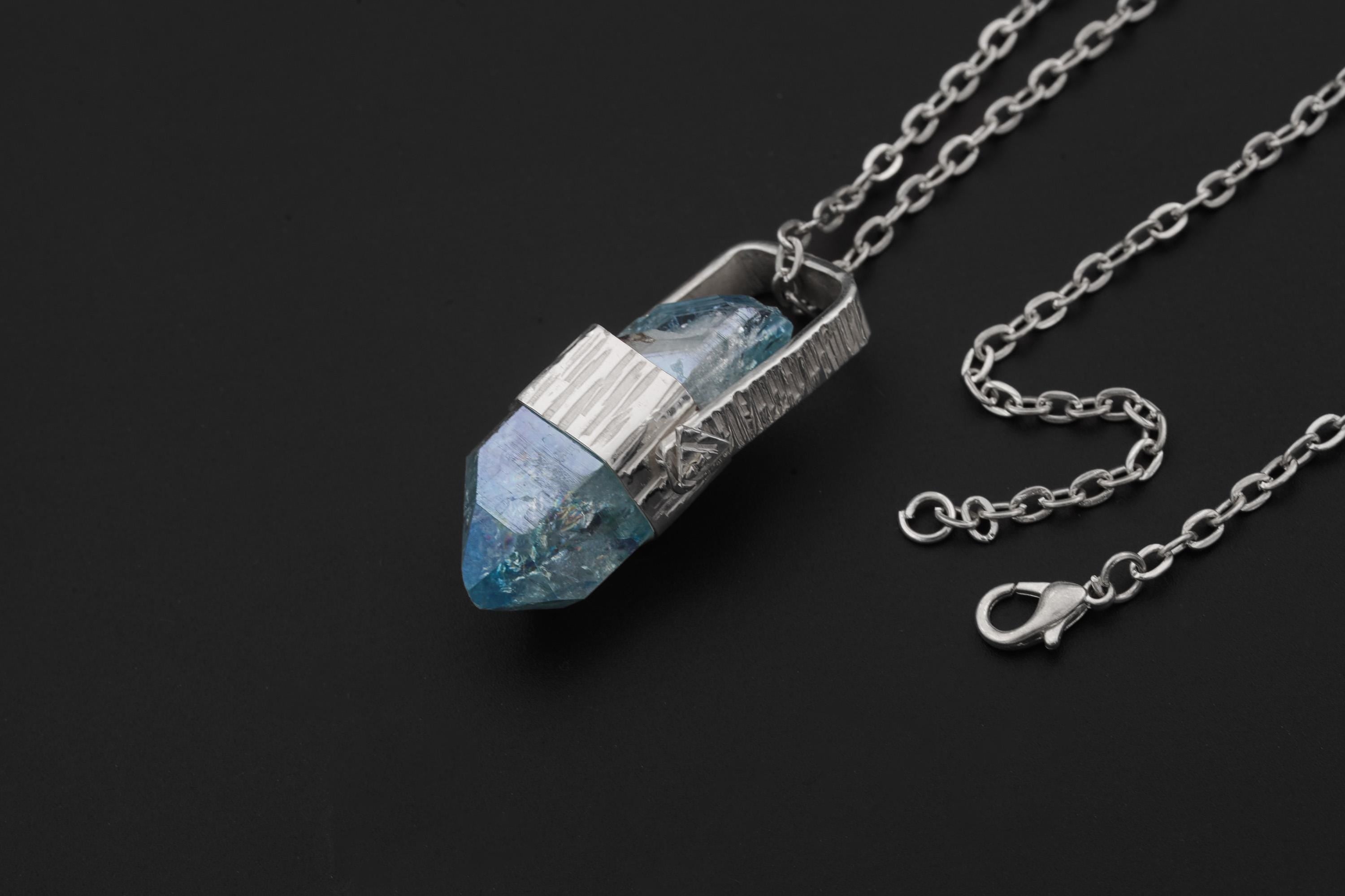 Double Terminated Rainbow Inclusion Window Aqua Aura Quartz Point Pendant Silver, High Shine Hammered Wrap, Hinged Bail, Crystal Jewelry