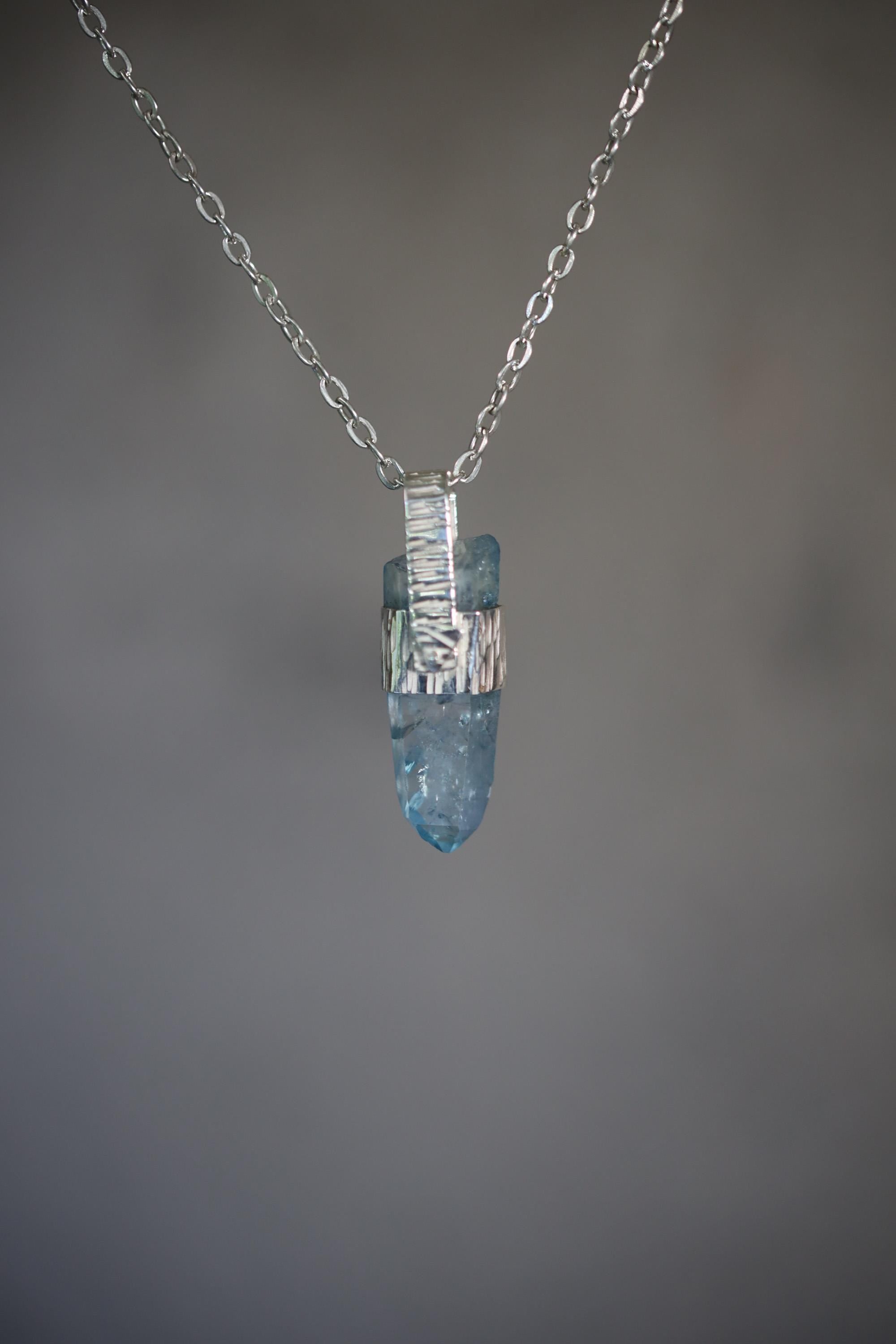 Double Terminated Rainbow Inclusion Window Aqua Aura Quartz Point Pendant Silver, High Shine Hammered Wrap, Hinged Bail, Crystal Jewelry