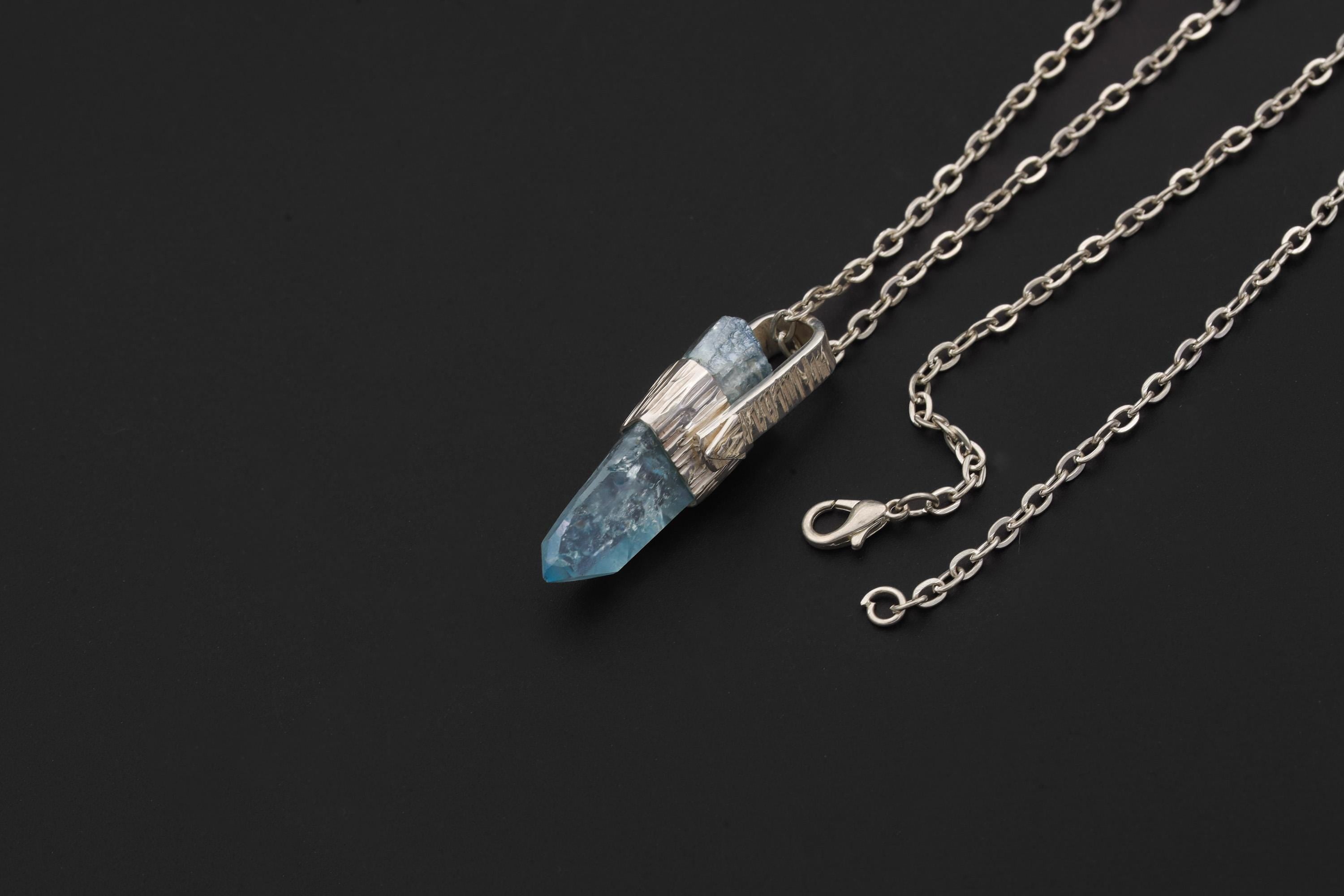 Tabular Rainbow Inclusion Aqua Aura Quartz Point Pendant, 925 Silver, Textured Bark Finish, Chakra Jewelry, Healing Quartz Energy Gift