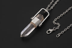 Himalayan Lemurian Rainbow Inclusion Clear Quartz Point Pendant, 925 Silver, High Shine, Hammered Texture, Meditation Crystal Talisman