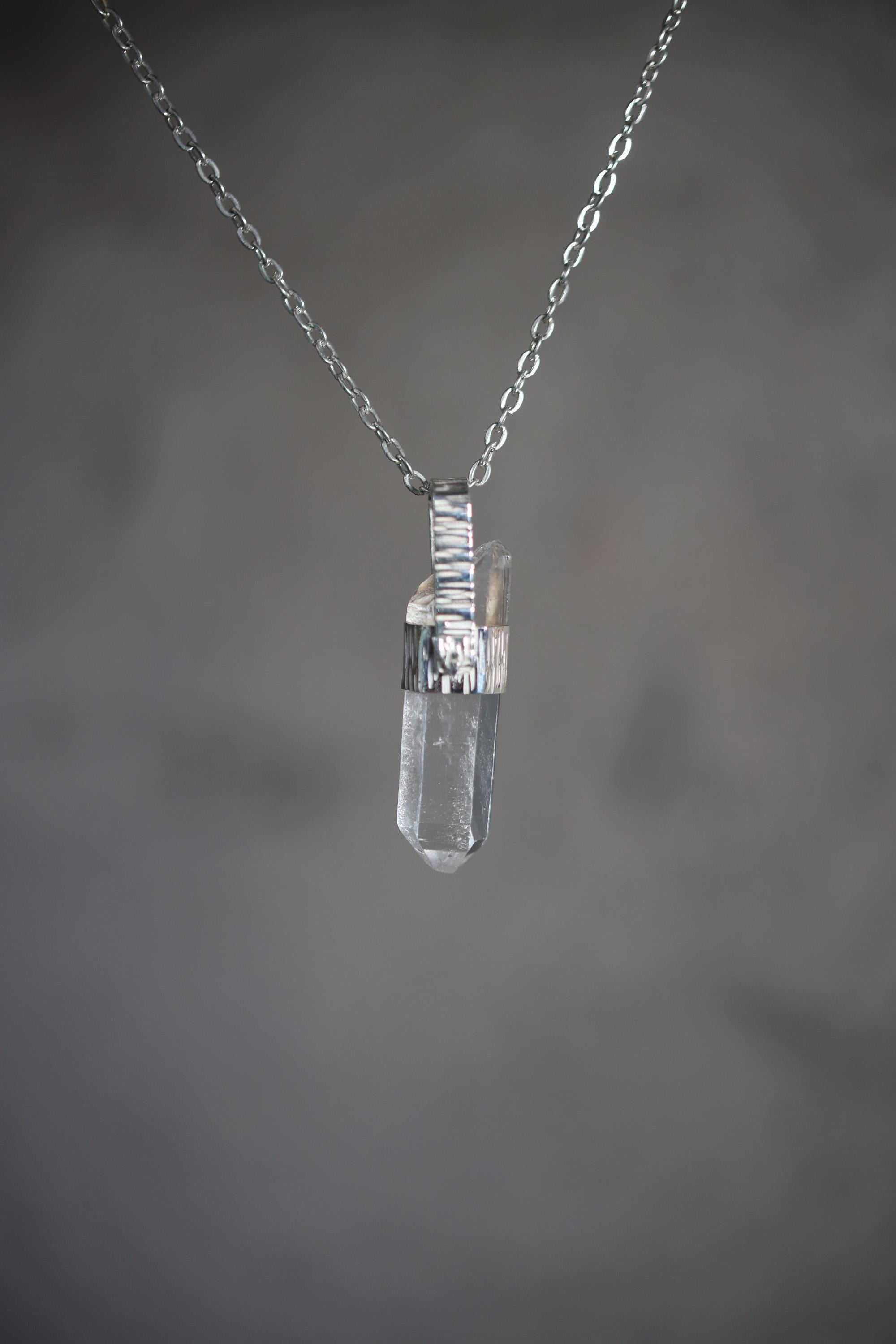 Himalayan Lemurian Rainbow Inclusion Clear Quartz Point Pendant, 925 Silver, High Shine, Hammered Texture, Meditation Crystal Talisman