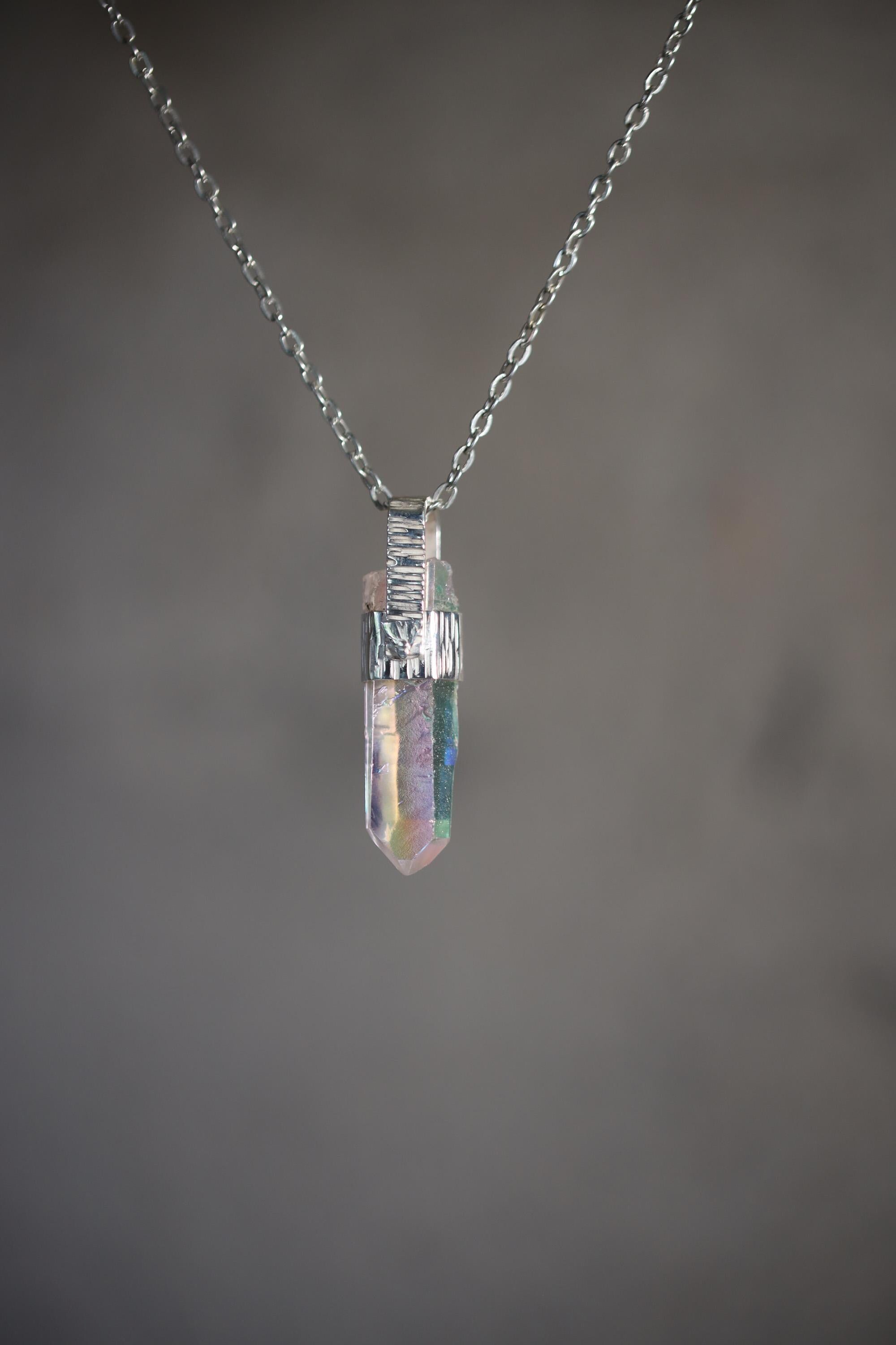 Lemurian Aura Quartz Point Pendant, Hammered Sterling Silver Talisman