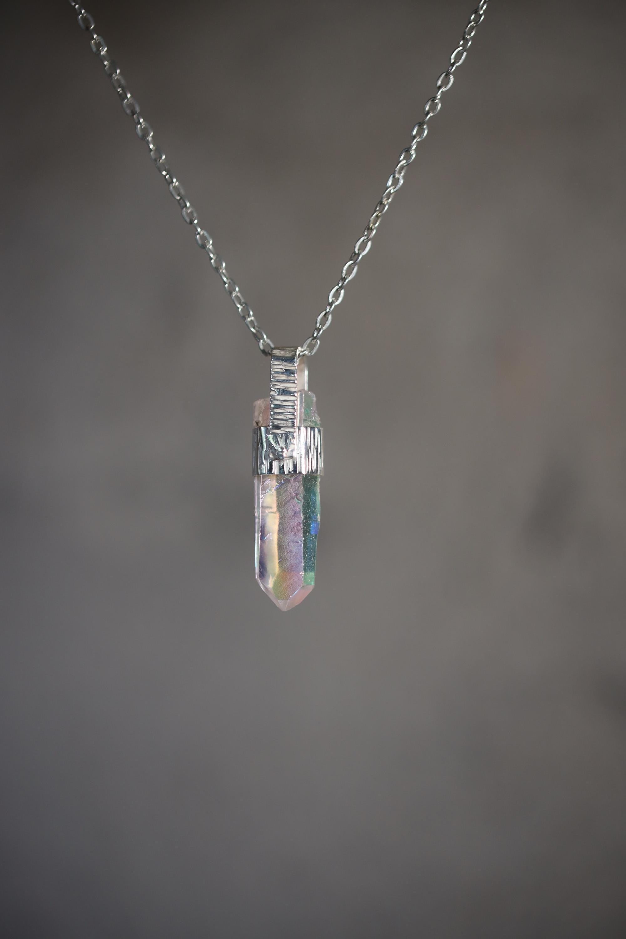 Lemurian Laser Opal Angle Aura Quartz Point Pendant, Sterling Silver, Hammered Texture, High Polish, Chakra Energy, Minimalist Talisman