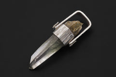 Himalayan Lemurian Laser Chlorite Rutile Quartz Point Pendant, Sterling Silver, Line Hammered Texture, High Shine Finish, Healing Jewelry