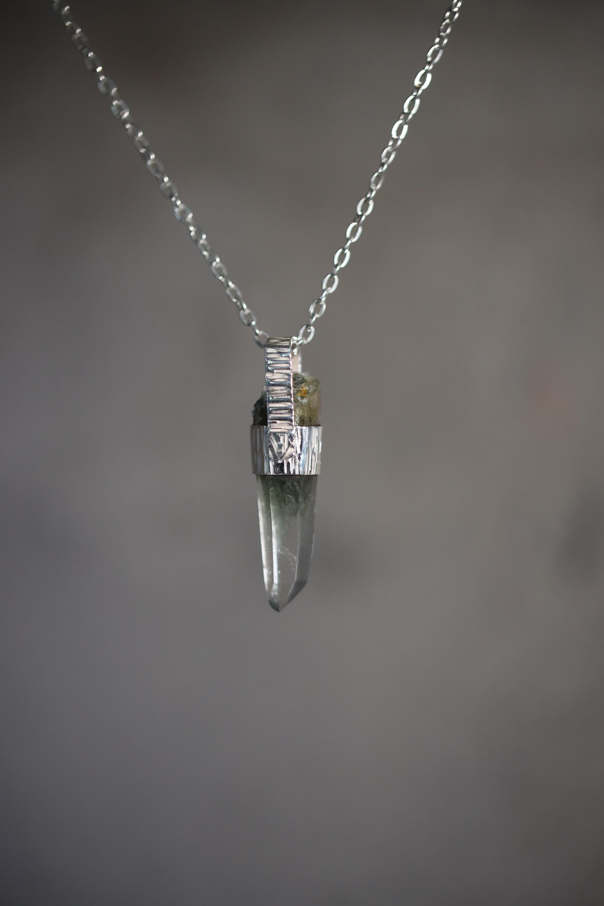 Himalayan Lemurian Laser Chlorite Rutile Quartz Point Pendant, Sterling Silver, Line Hammered Texture, High Shine Finish, Healing Jewelry