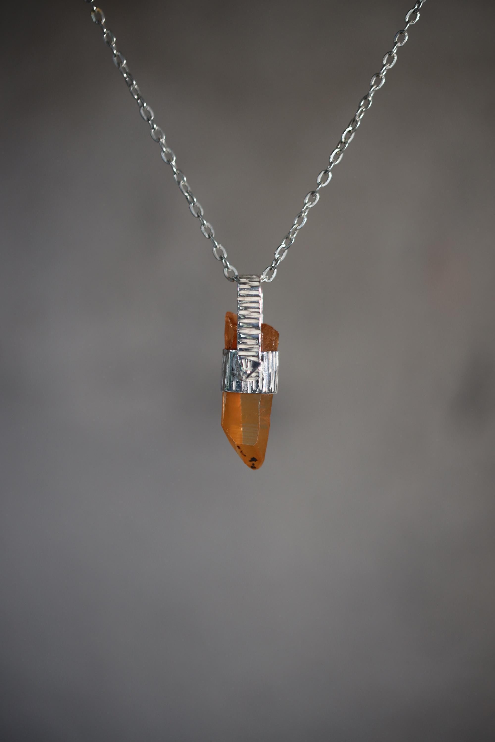 Australian Lemurian Quartz Pendant 925 Sterling Silver Hammered Cap Orange Crystal Point Crown Chakra Gift