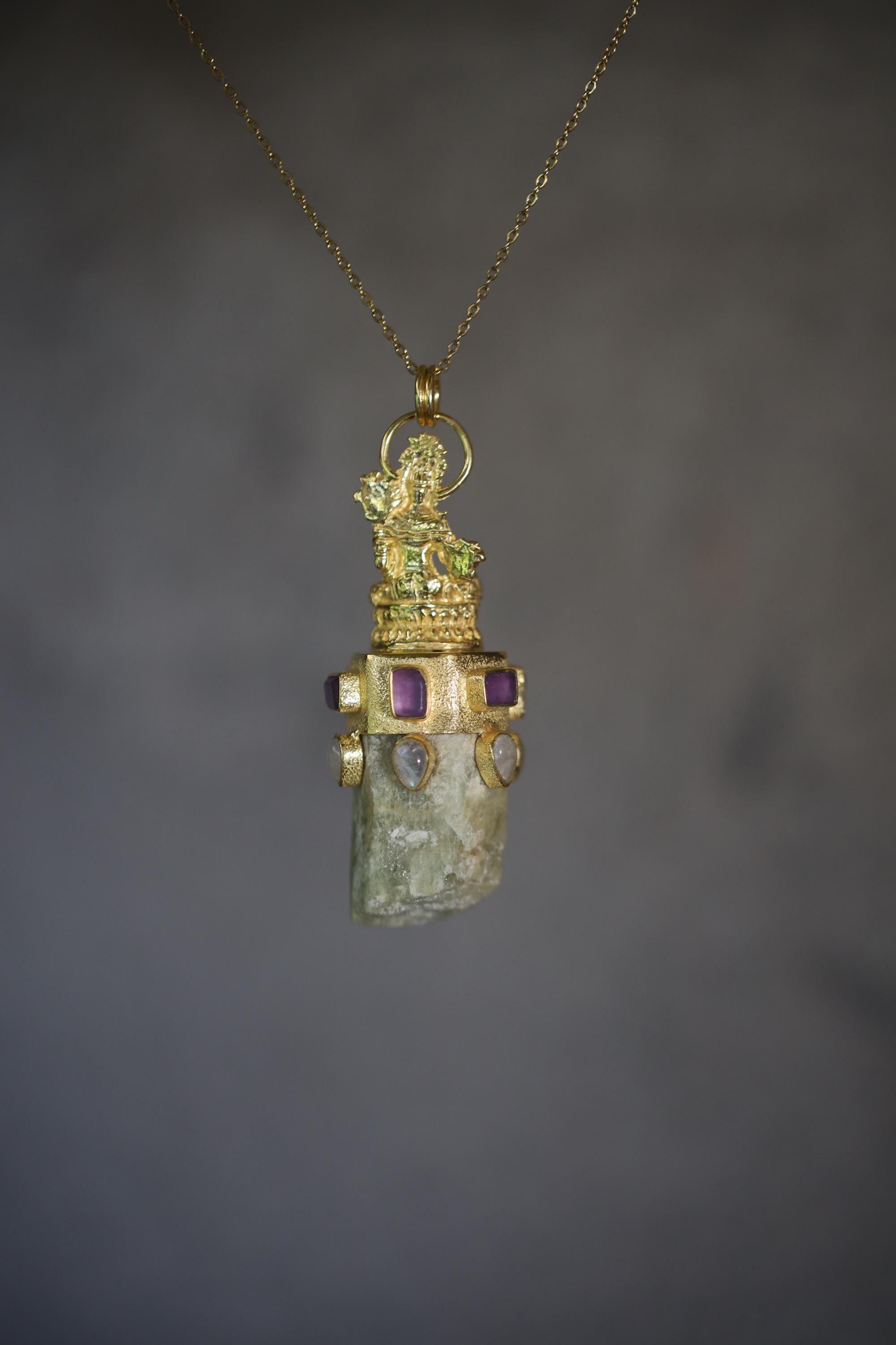 Cast Praying Sarasvati Talisman, Amethyst Quartz, Blue Moonstone, Chunky Natural Australian Aquamarine Wand, 925 Silver, Gold Plated