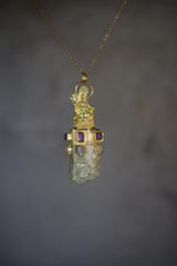 Cast Praying Sarasvati Talisman, Amethyst Quartz, Blue Moonstone, Chunky Natural Australian Aquamarine Wand, 925 Silver, Gold Plated