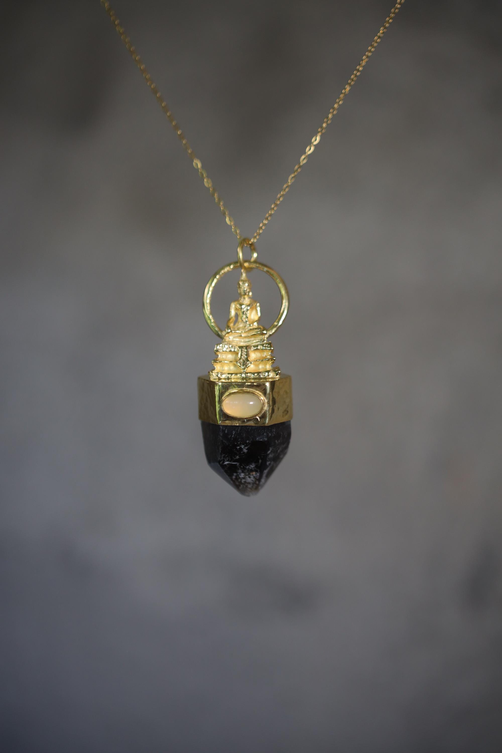 Buddha Talisman Pendant, Ethiopian Opal & Australian Dark Smoky Record Keeper Quartz, Gold Plated, Crown Chakra Meditation Jewelry