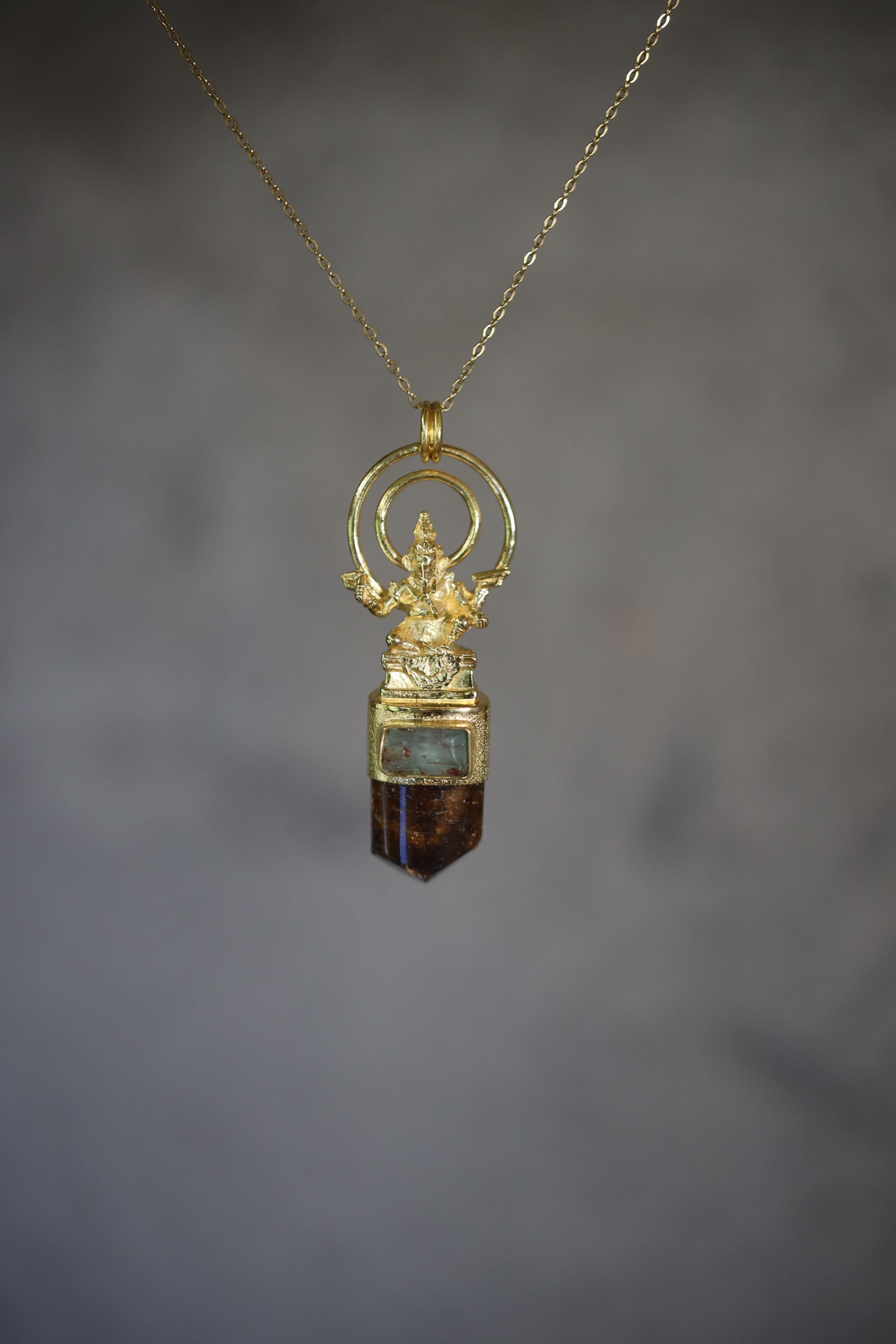 Lord Ganesha Talisman Pendant, Square Aquamarine, Brown Dravite Tourmaline, 925 Silver, Gold Plated Wisdom & Grounding Christmas Gift