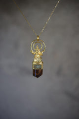 Lord Ganesha Talisman Pendant, Square Aquamarine, Brown Dravite Tourmaline, 925 Silver, Gold Plated Wisdom & Grounding Christmas Gift