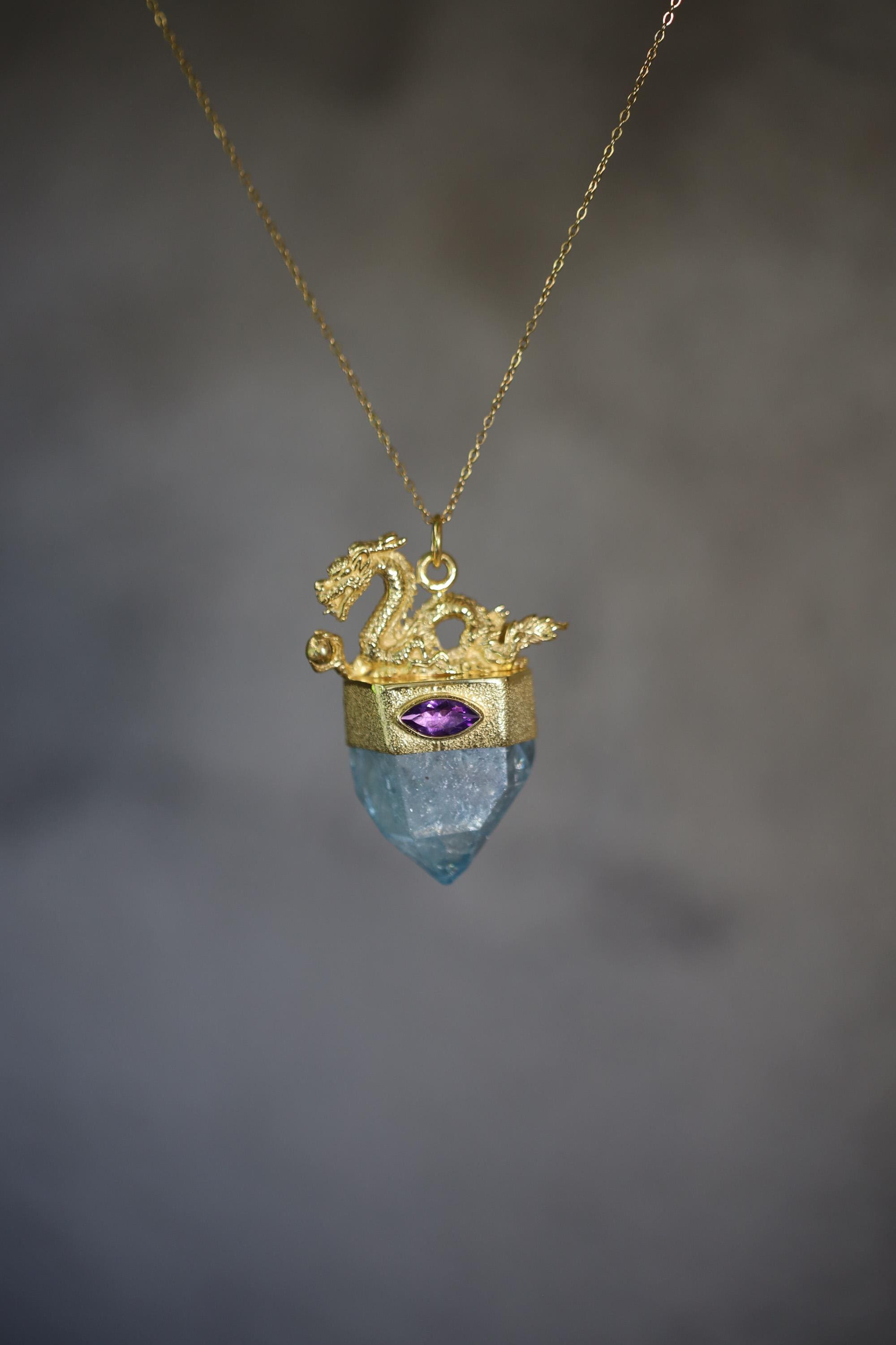 Dragon Amethyst Aqua Aura Quartz Pendant, 925 Silver Bezel Gold Plated, Hammered Texture, Crown Third Eye Throat, Protection Talisman