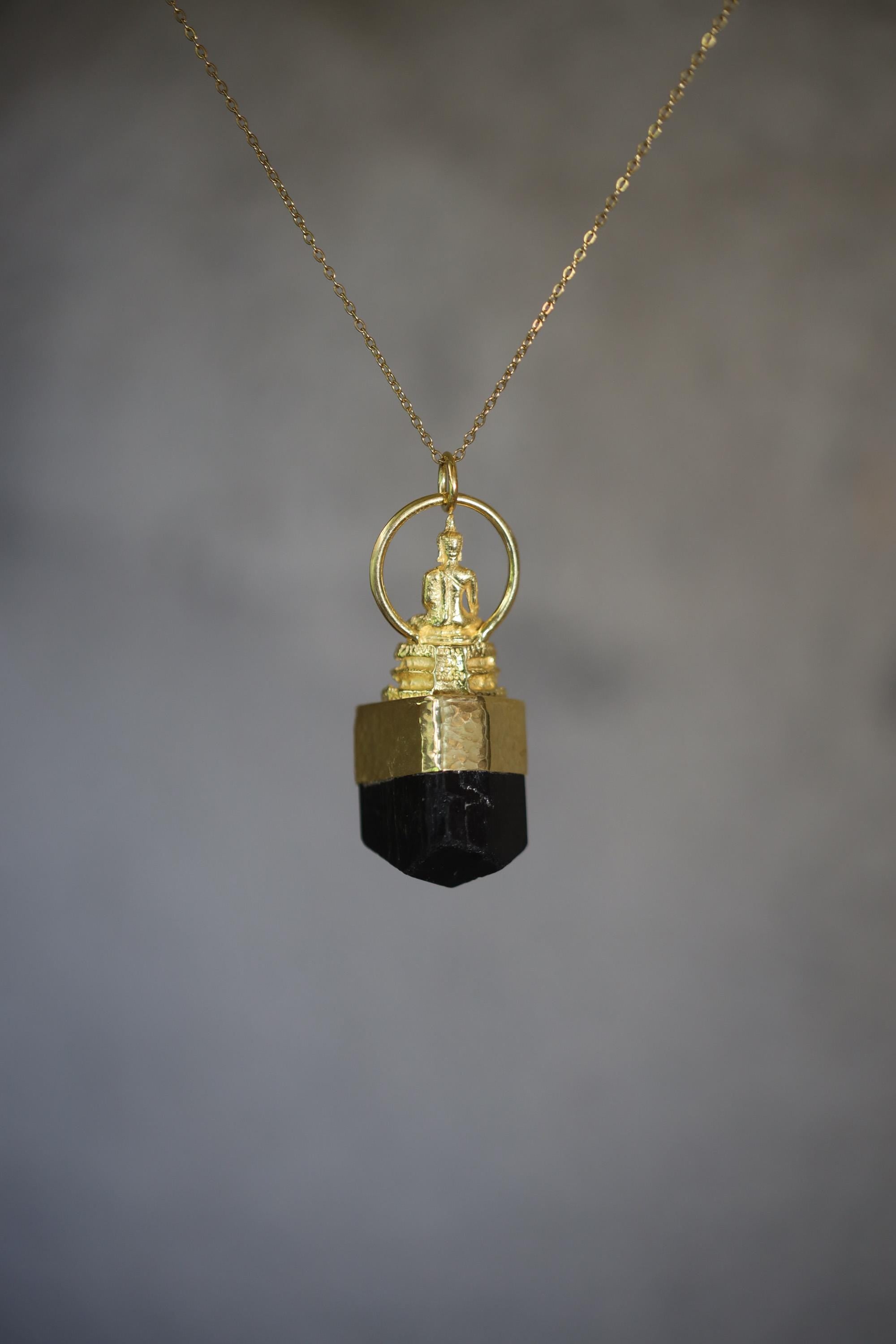 Buddha Meditation Pendant Black Tourmaline Smoky Quartz 925 Silver Gold Brass Root Chakra Talisman Gift