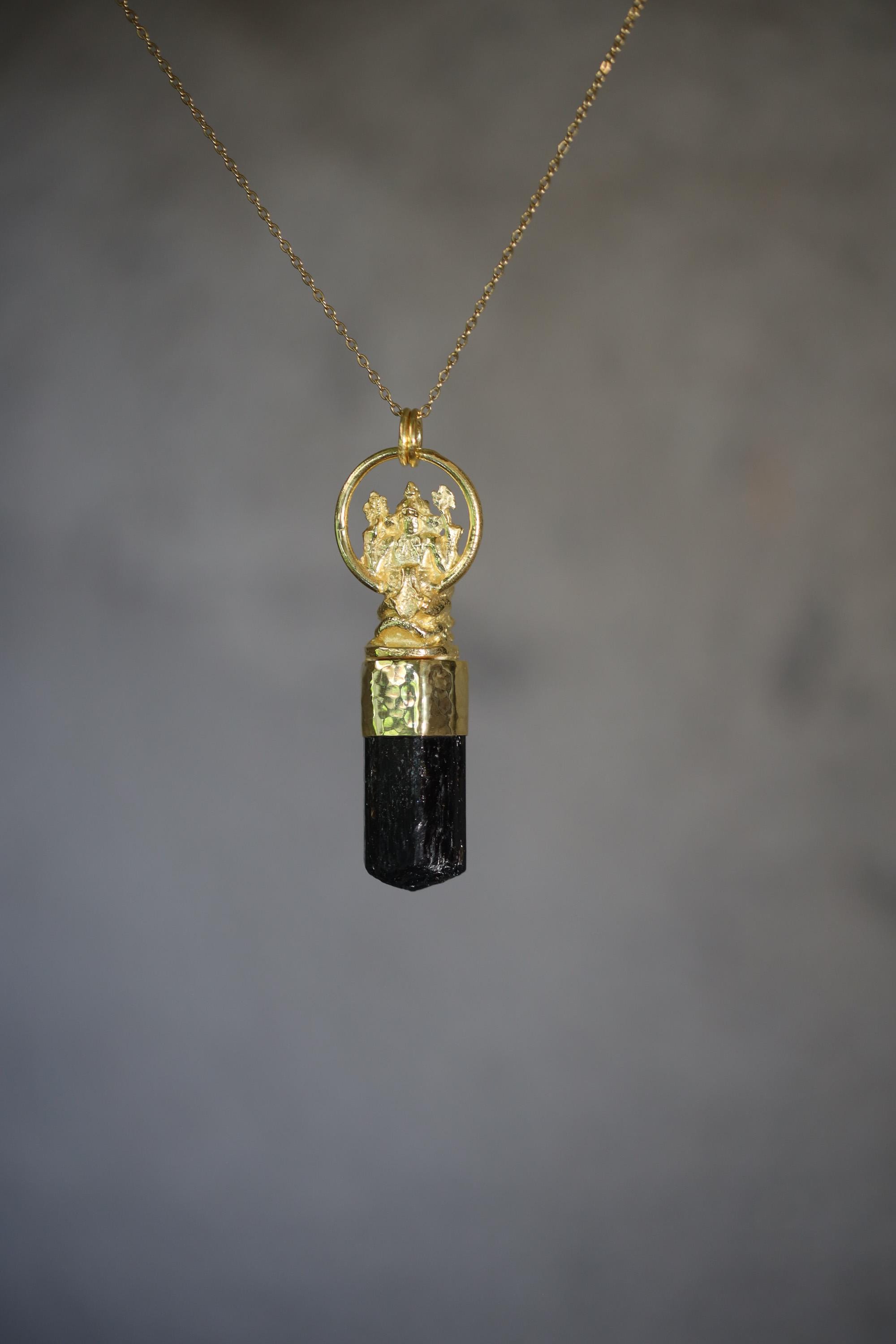 Lord Ganesha Aquamarine Black Tourmaline Talisman Pendant, Gold Plated Brass & Sterling Silver, Protection Healing Energy, Chakra Jewelry