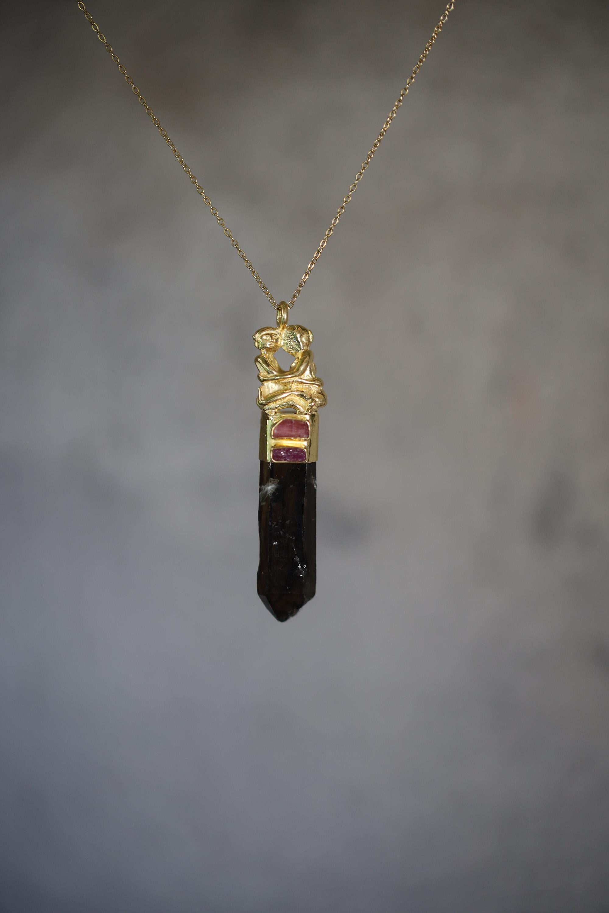 Pink Tourmaline Ruby Smoky Quartz Talisman Pendant, Cast Loving Couple, 925 Silver Bezel, Gold Plated, Heart Root Chakra Amulet