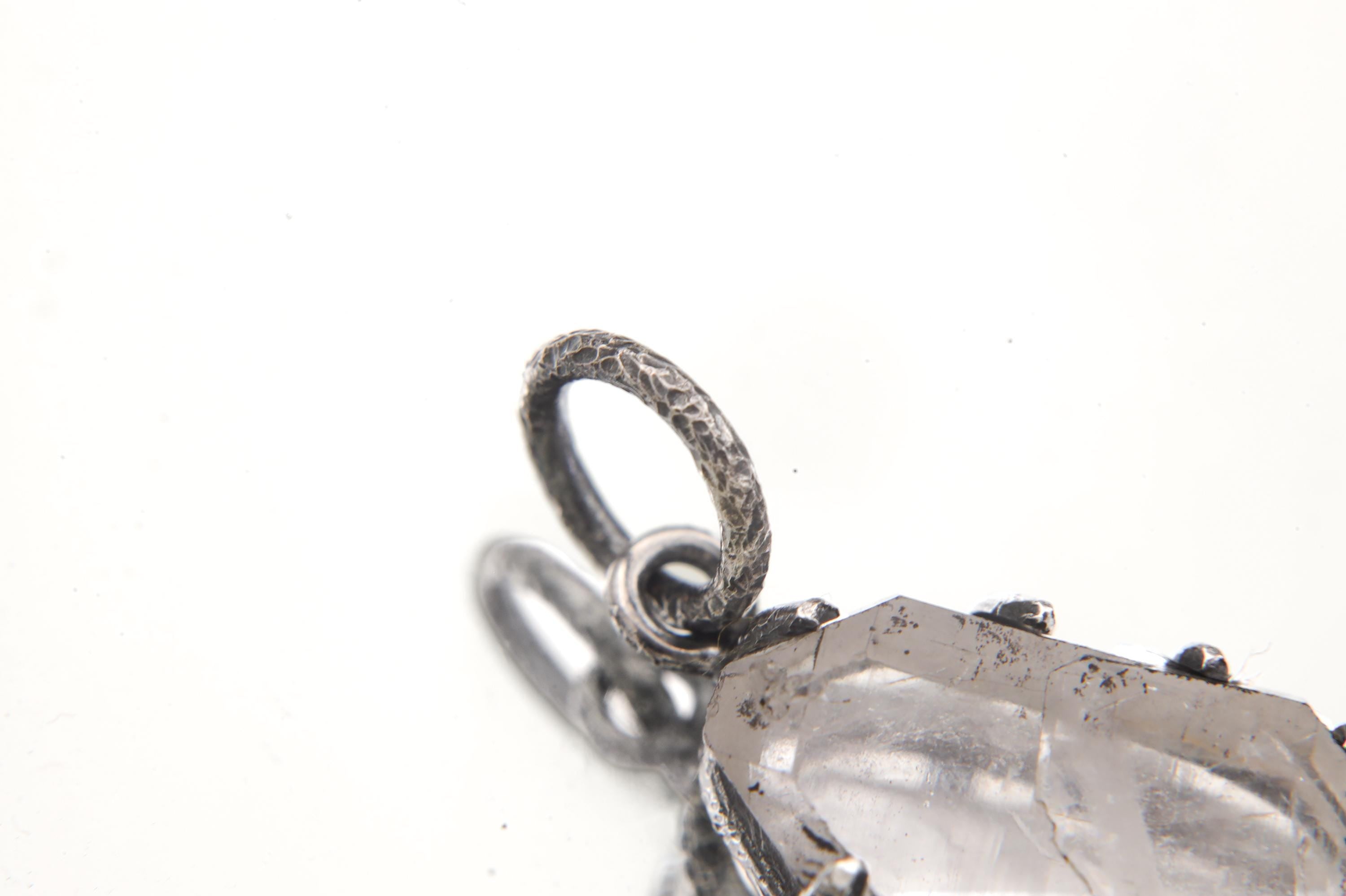 Tabular Faden Quartz Pendant Sterling Silver Claw Setting Hammer Texture Oxidized Finish Crown Chakra Raw Crystal Jewelry