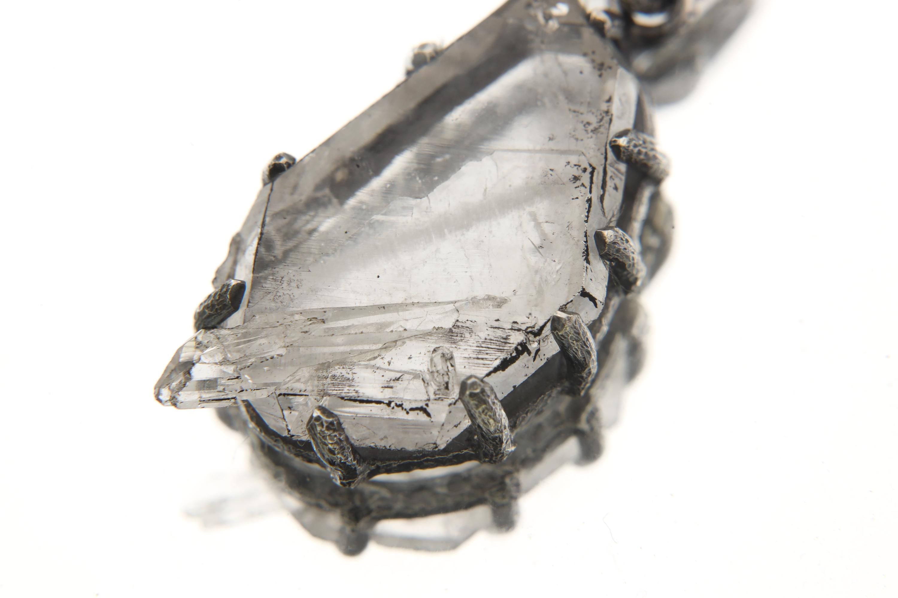 Tabular Faden Quartz Pendant Sterling Silver Claw Setting Hammer Texture Oxidized Finish Crown Chakra Raw Crystal Jewelry