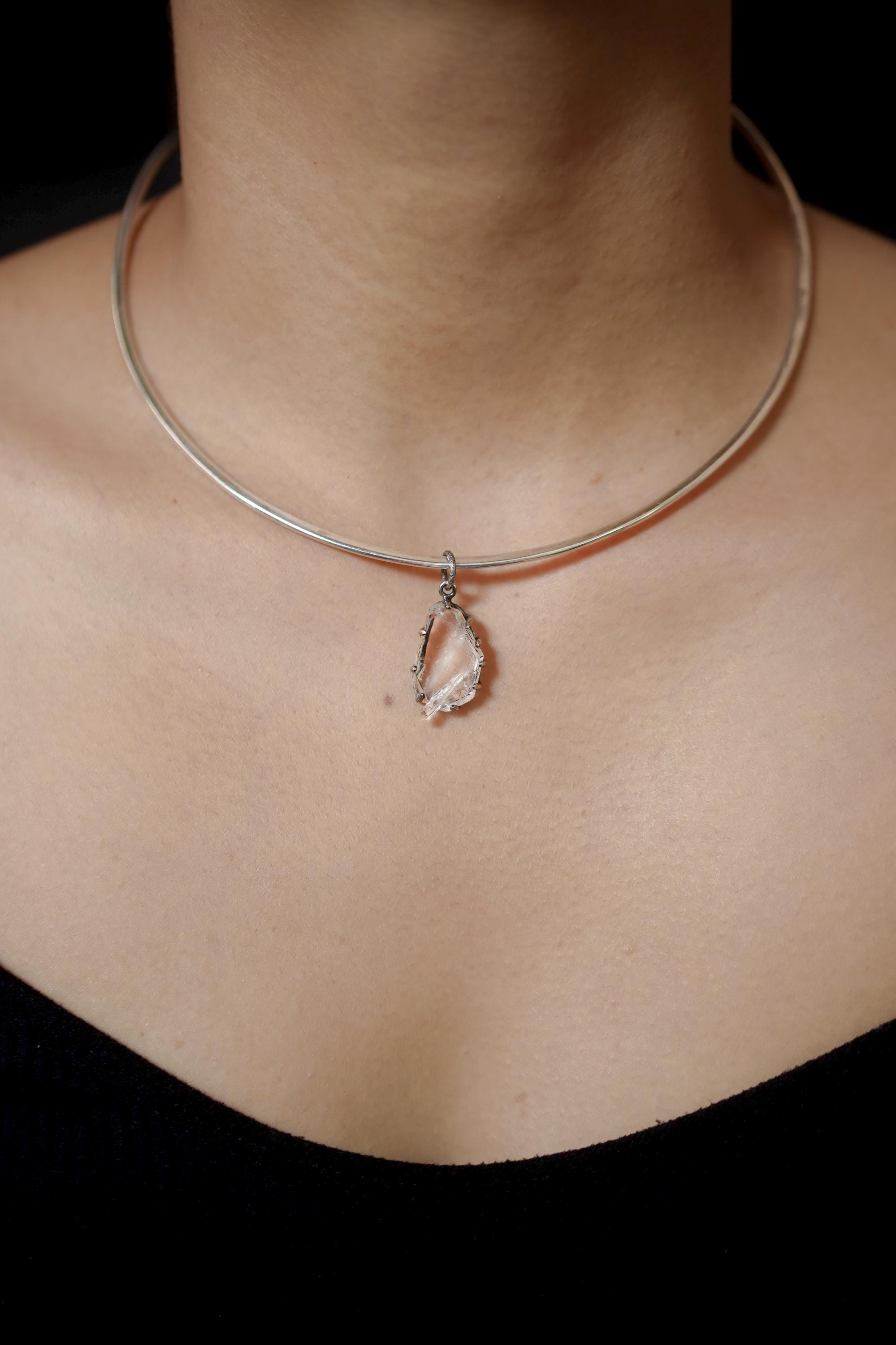 Tabular Faden Quartz Pendant Sterling Silver Claw Setting Hammer Texture Oxidized Finish Crown Chakra Raw Crystal Jewelry