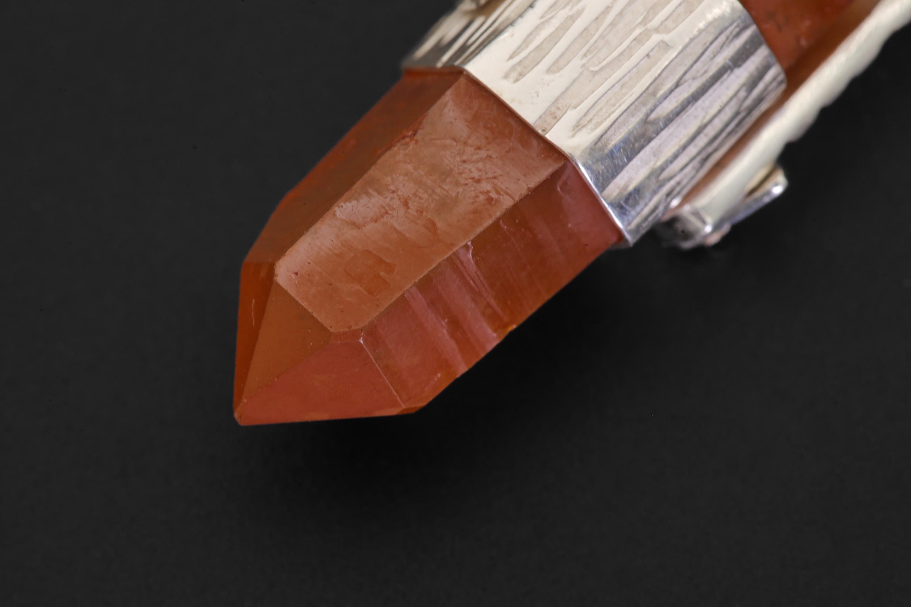 Australian Orange Lithium Lemurian Quartz Point Pendant, 925 Silver, Hammered Texture, High Shine, Root Chakra, Minimalist Unique Gift
