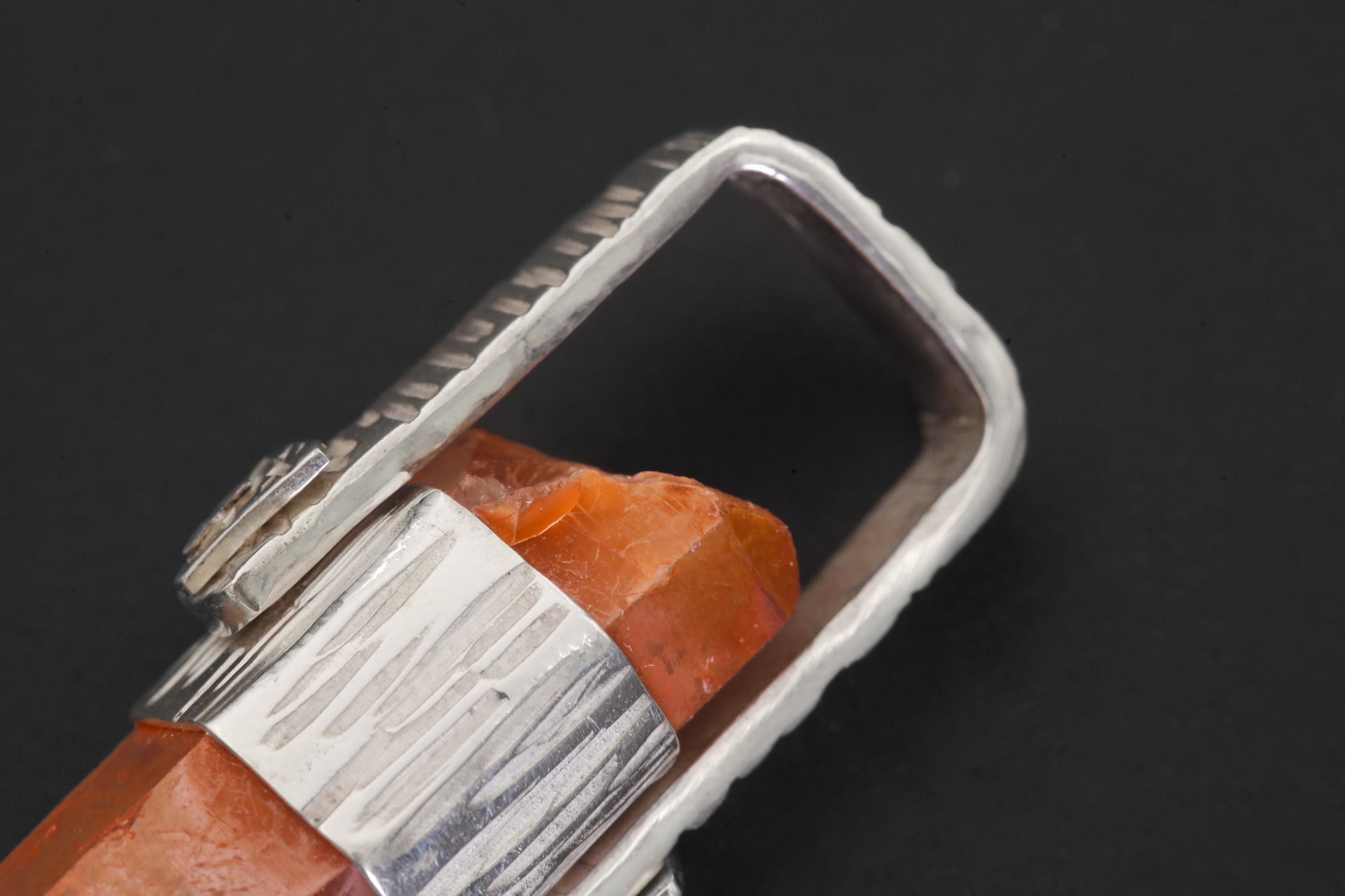Australian Orange Lithium Lemurian Quartz Point Pendant, 925 Silver, Hammered Texture, High Shine, Root Chakra, Minimalist Unique Gift