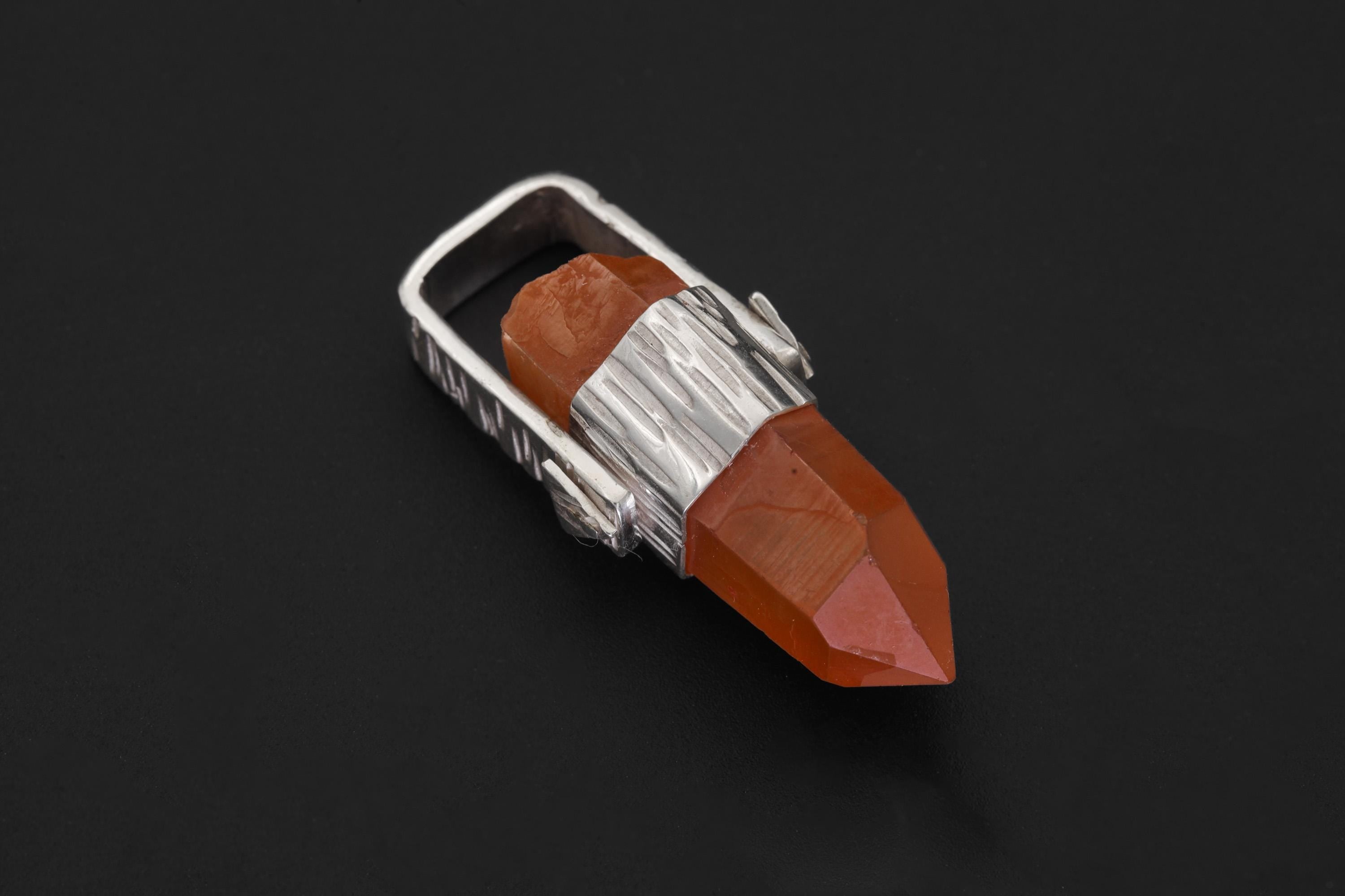 Australian Orange Lithium Lemurian Quartz Point Pendant, 925 Silver, Hammered Texture, High Shine, Root Chakra, Minimalist Unique Gift