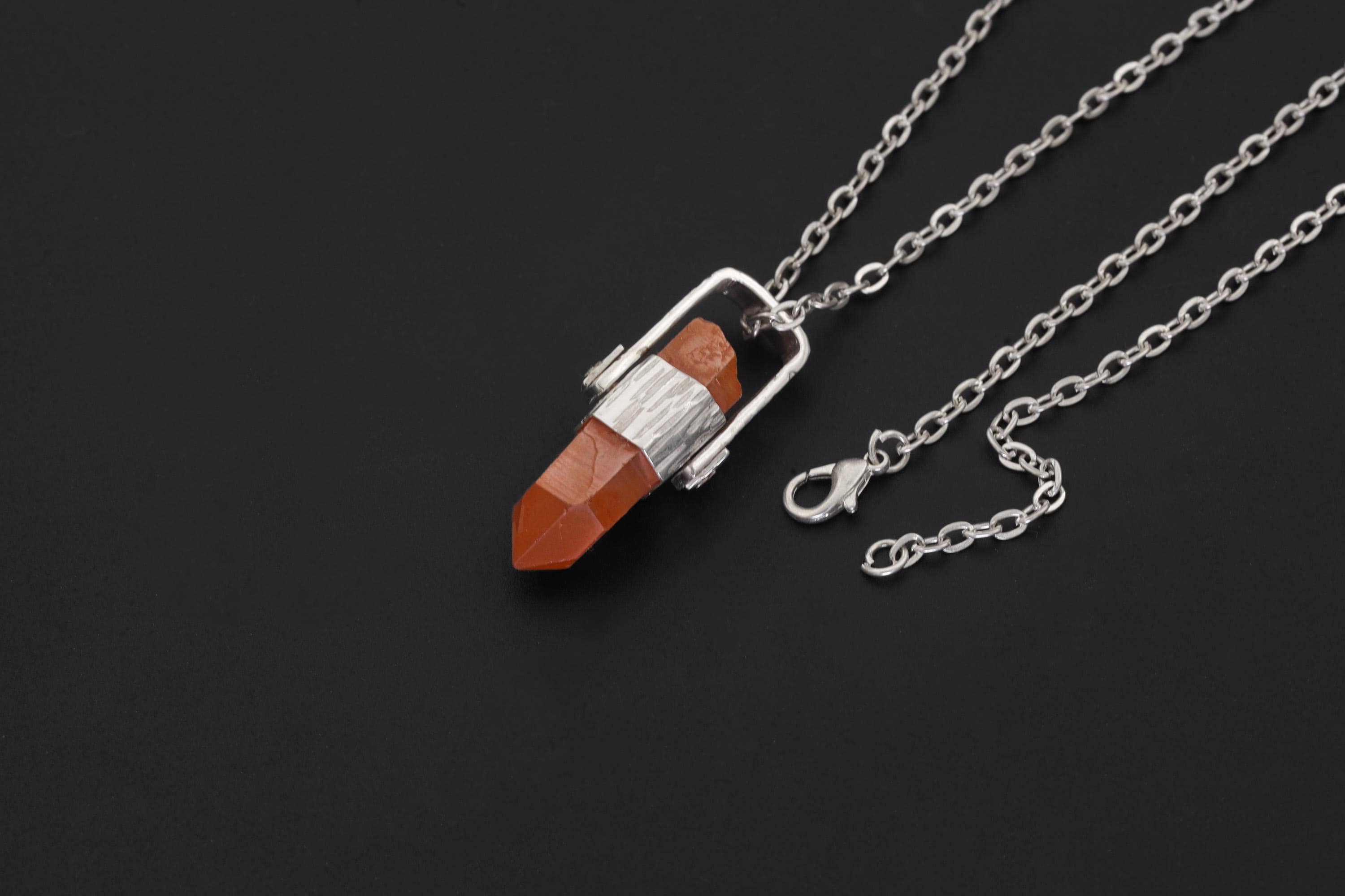 Australian Orange Lithium Lemurian Quartz Point Pendant, 925 Silver, Hammered Texture, High Shine, Root Chakra, Minimalist Unique Gift