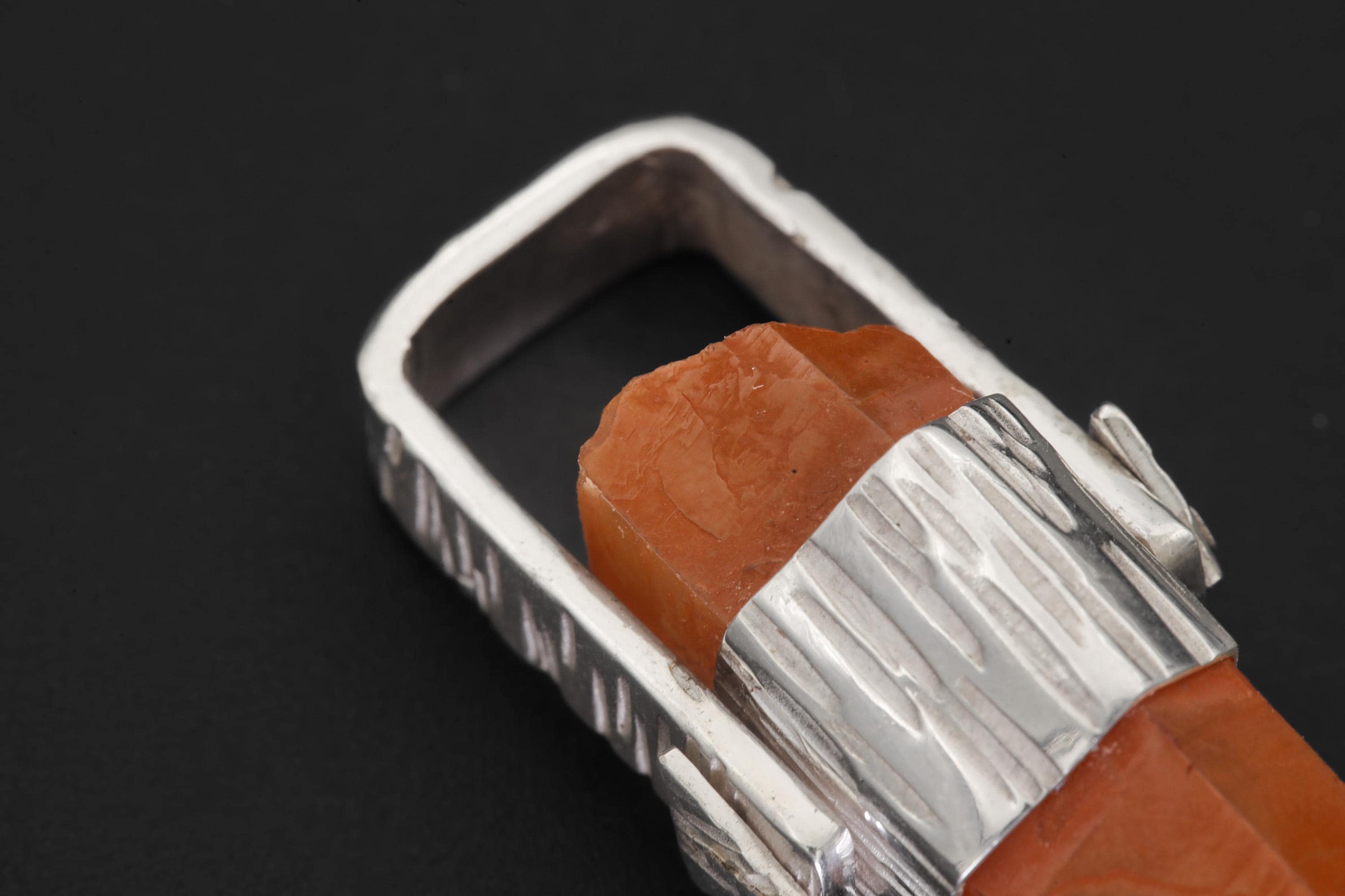 Orange Lithium Lemurian Quartz Pendant, Hammered 925 Silver