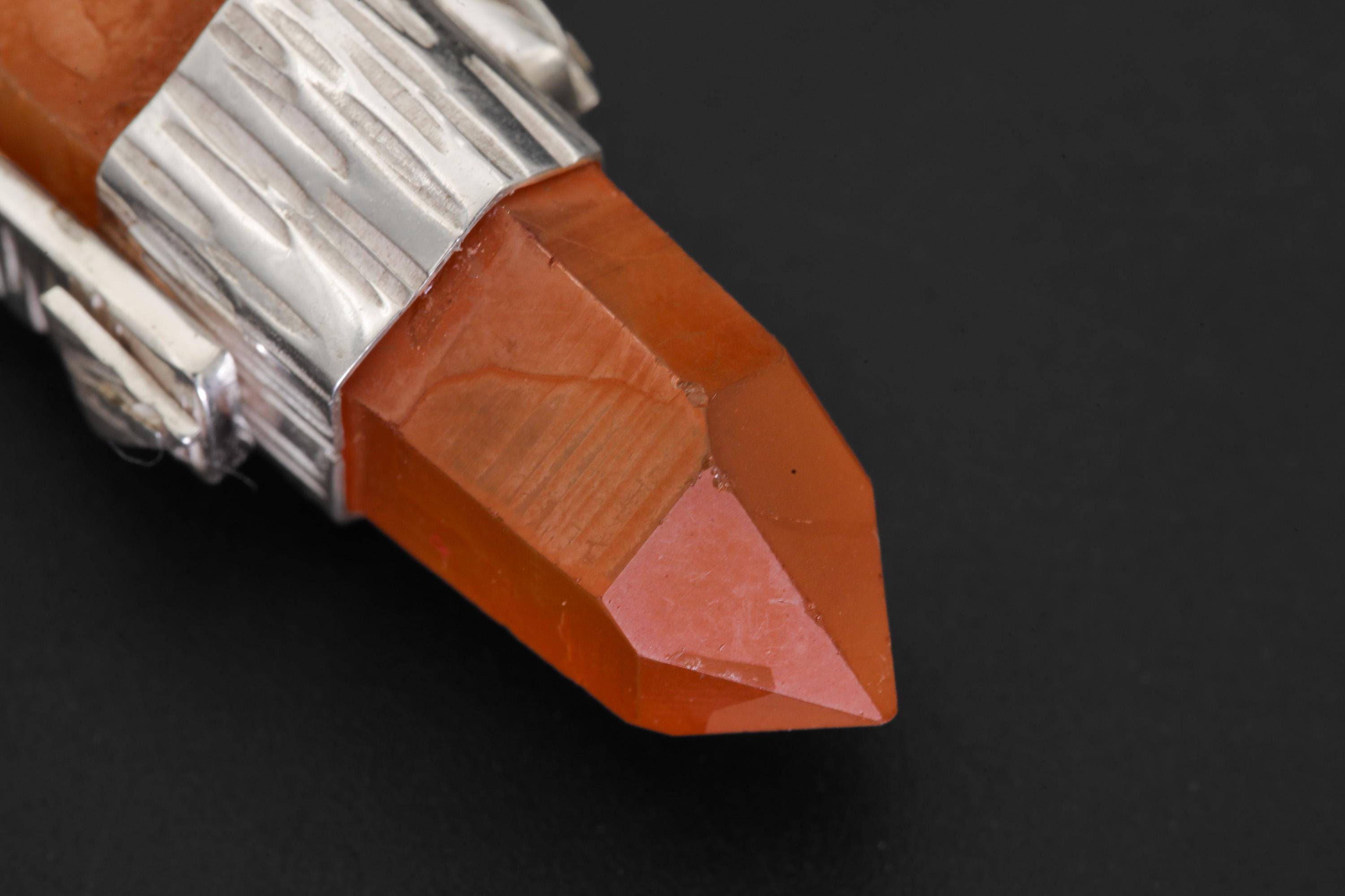 Orange Lithium Lemurian Quartz Pendant, Hammered 925 Silver