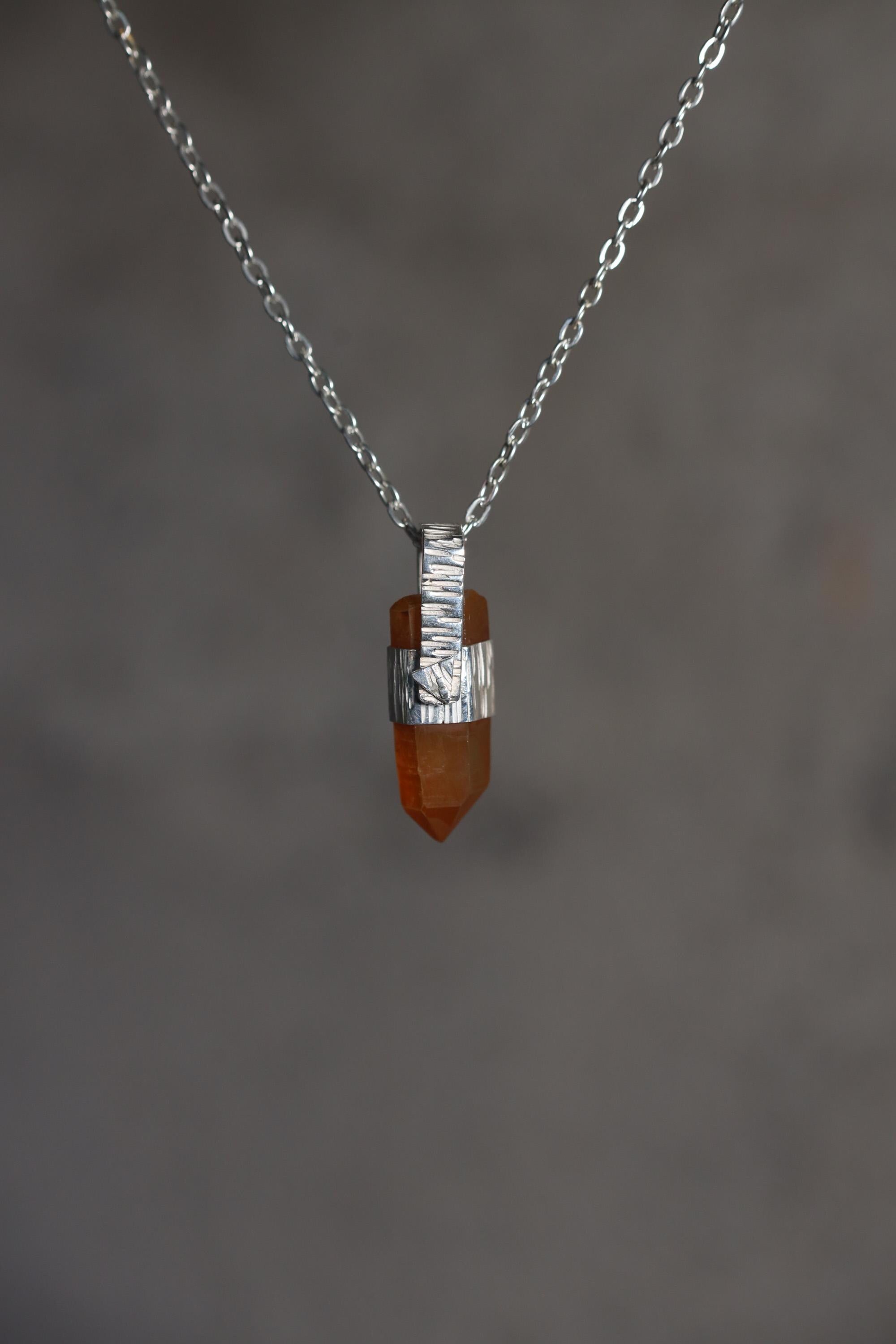 Orange Lithium Lemurian Quartz Pendant, Hammered 925 Silver