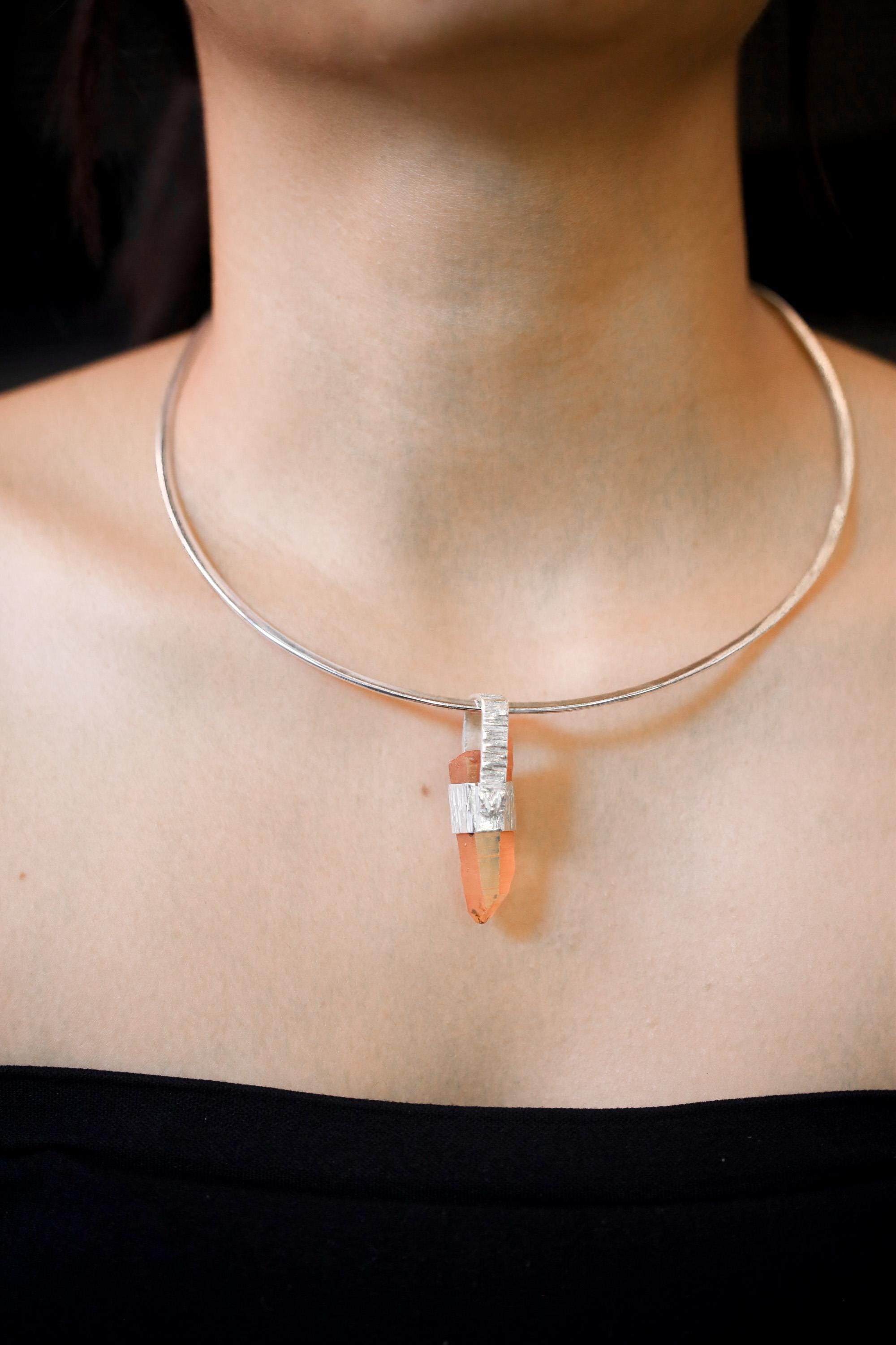 Australian Lemurian Quartz Pendant 925 Sterling Silver Hammered Cap Orange Crystal Point Crown Chakra Gift