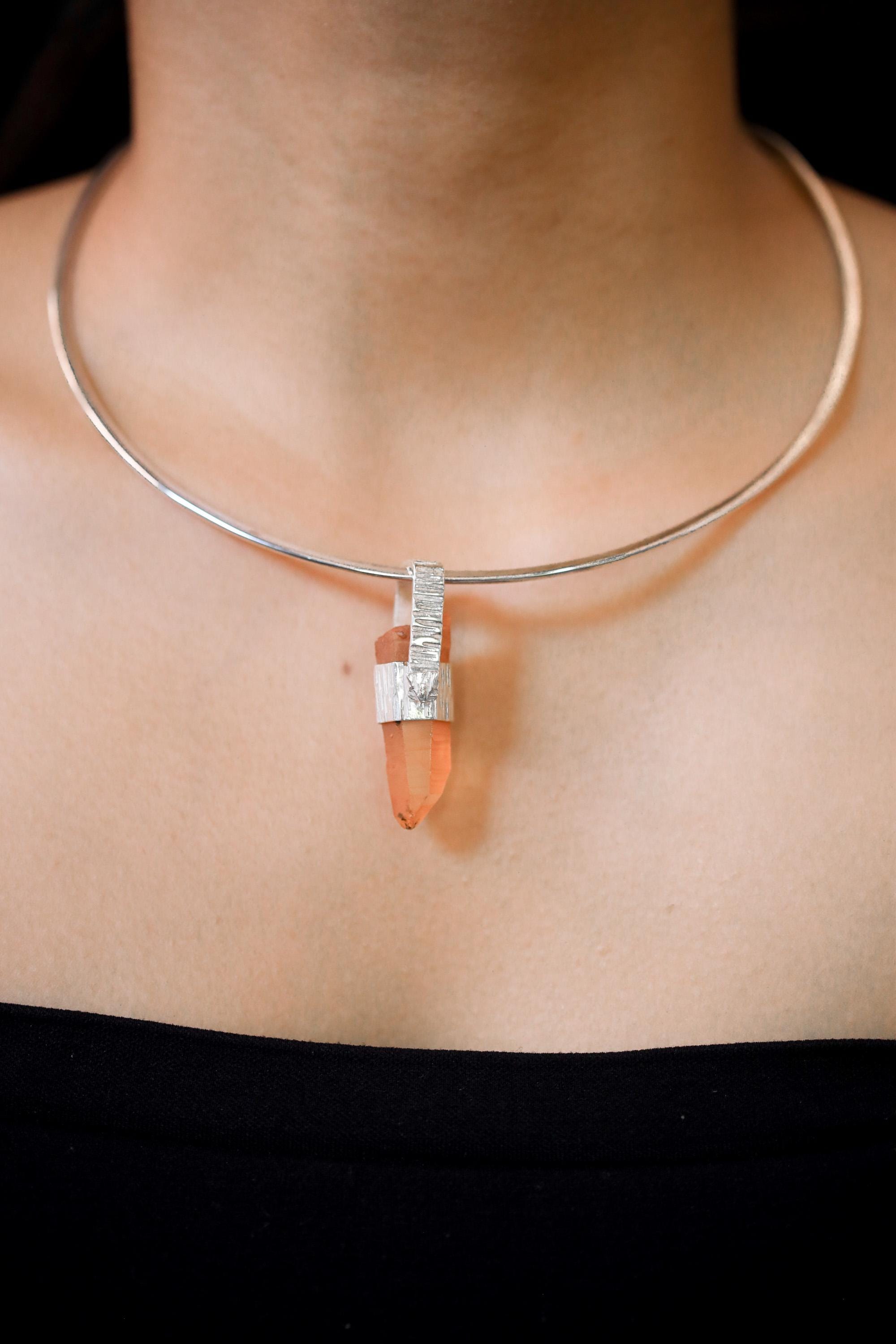 Australian Lemurian Quartz Pendant 925 Sterling Silver Hammered Cap Orange Crystal Point Crown Chakra Gift
